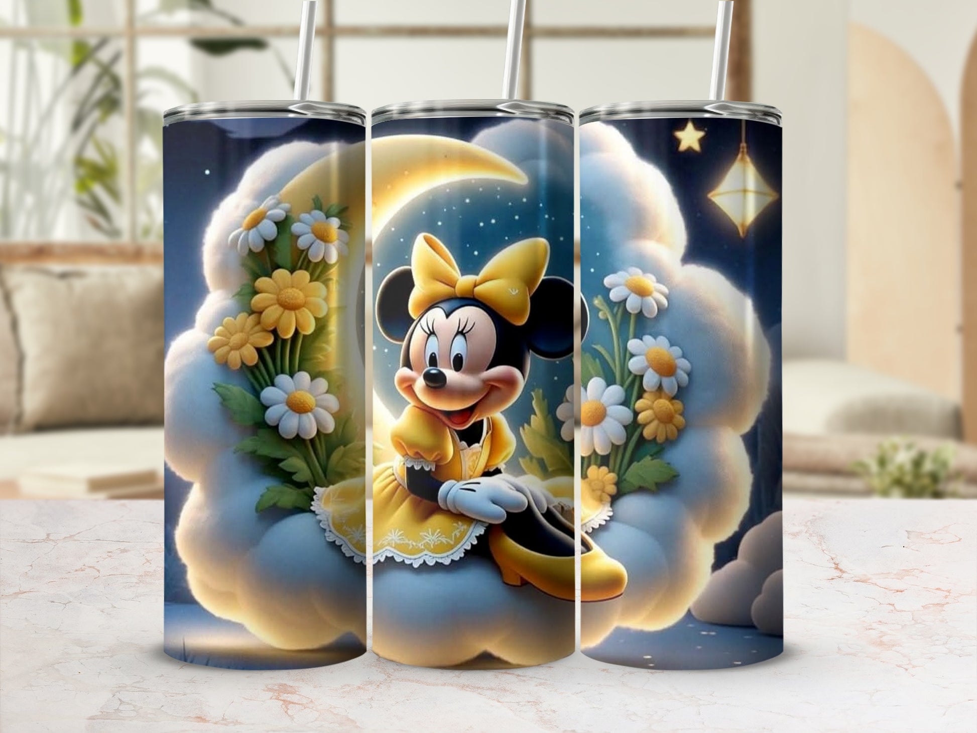Minnie Mouse sitting on a moon cloud with flowers.