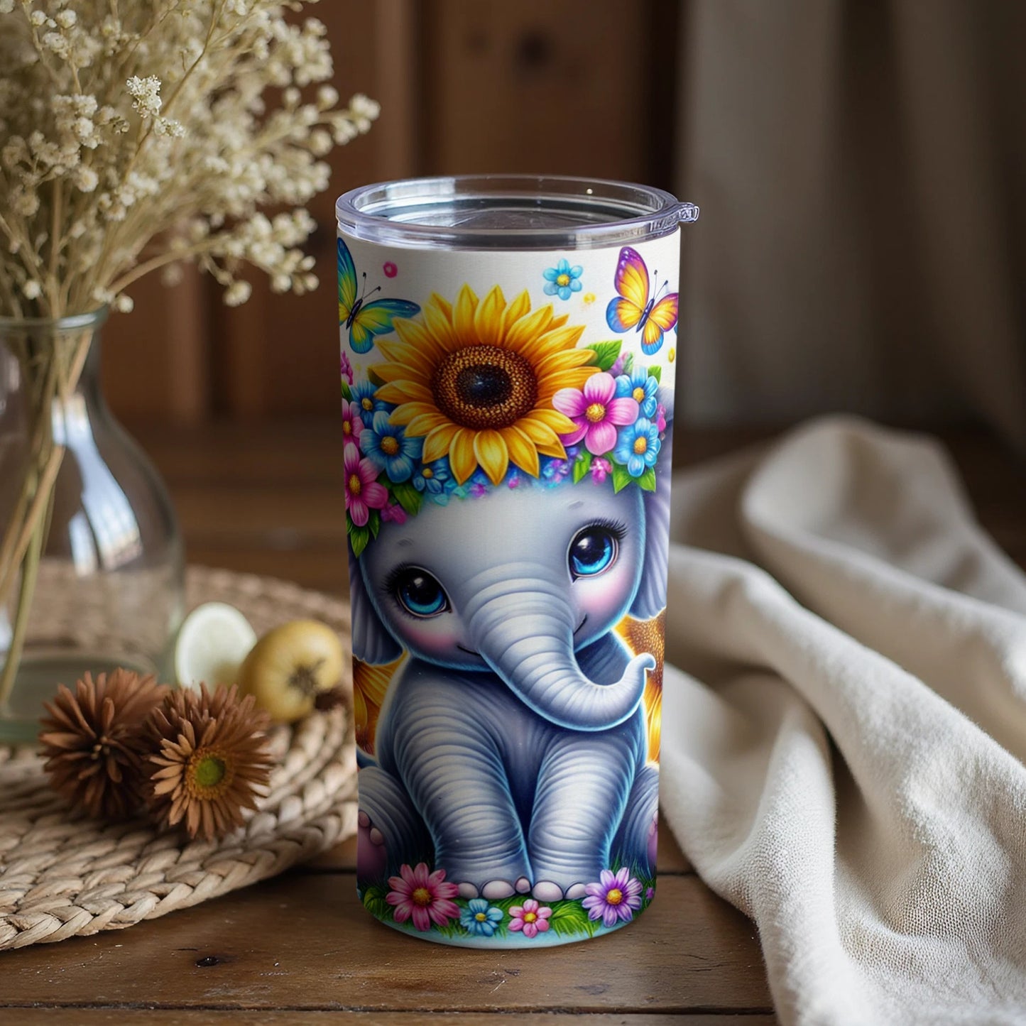 Cute Elephant with Sunflowers and Butterflies Tumbler