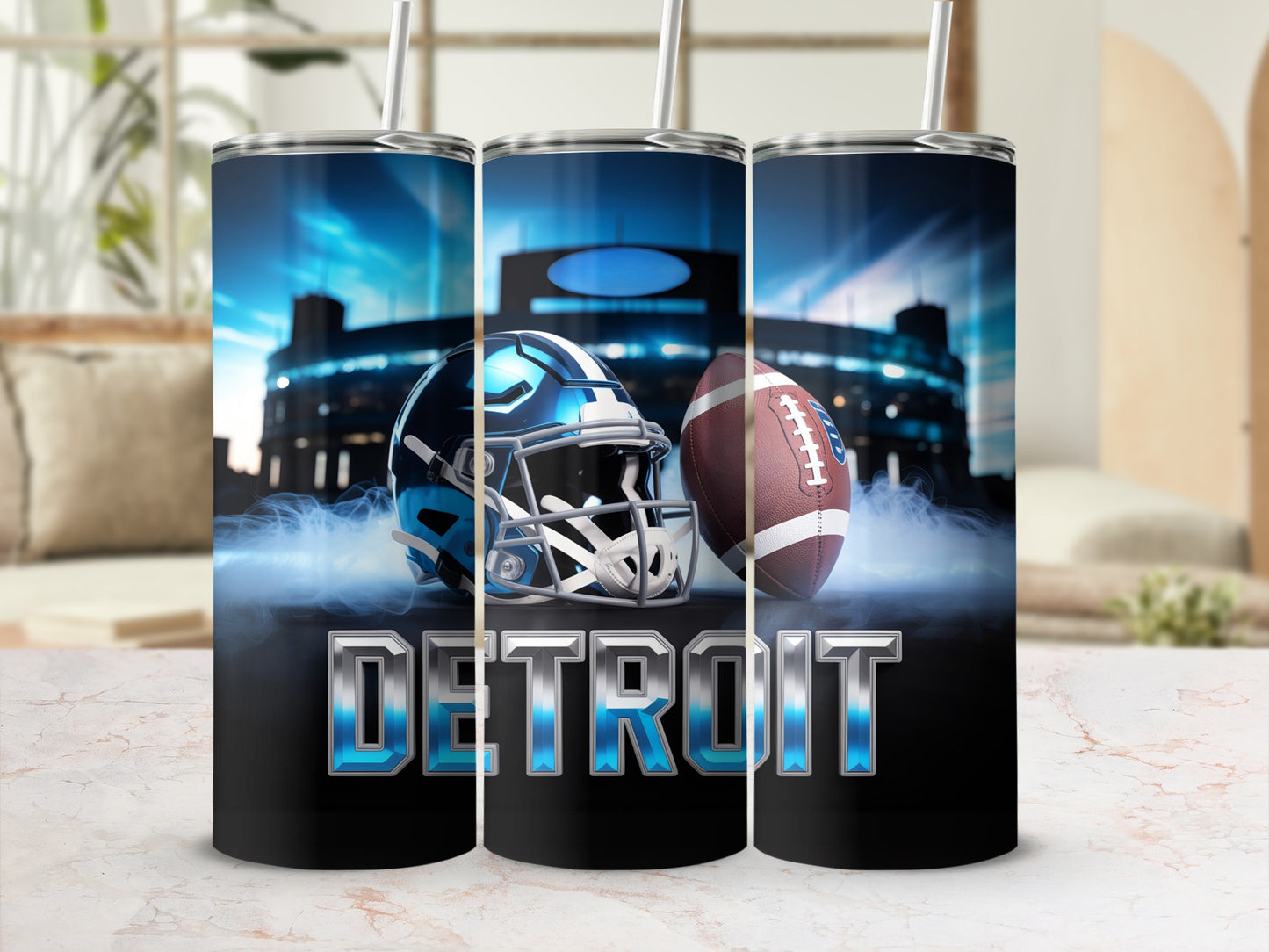 Detroit Lions helmet and football on a tumbler with stadium background.
