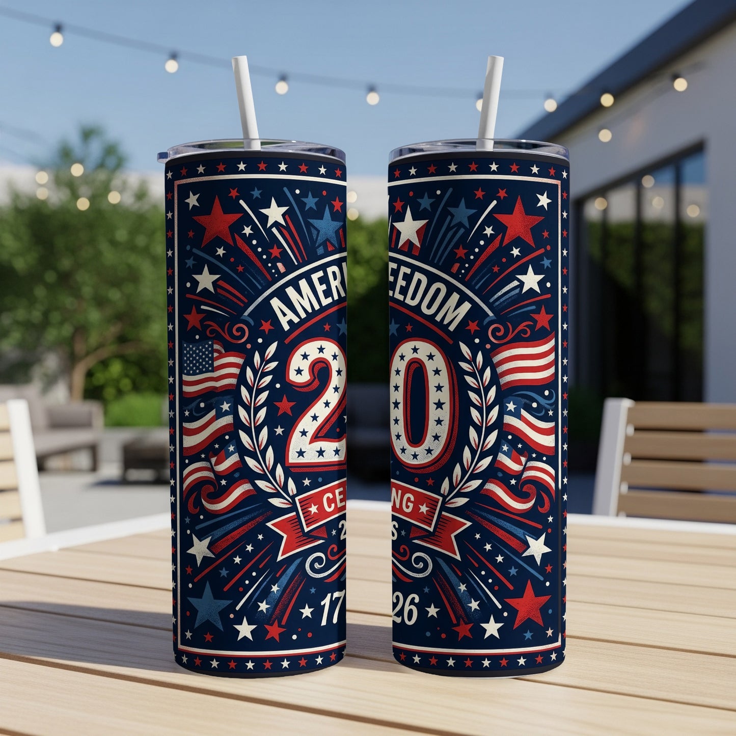 Two patriotic tumblers with "America, 20, Celebrating Freedom" text and stars.