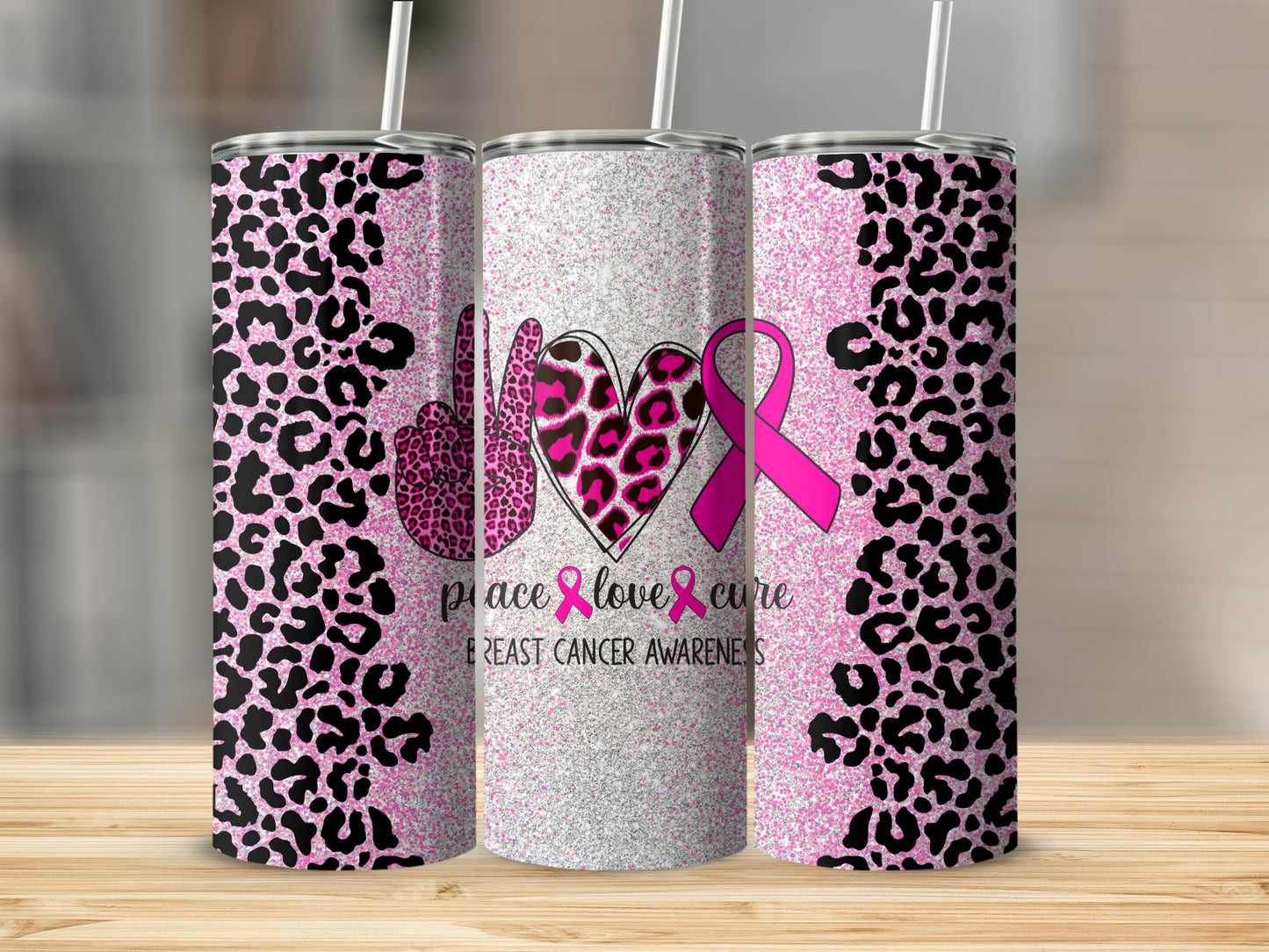 Pink glitter tumbler with leopard print and breast cancer awareness ribbon.