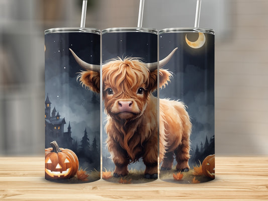 Highland cow with pumpkins and castle on Halloween tumbler.