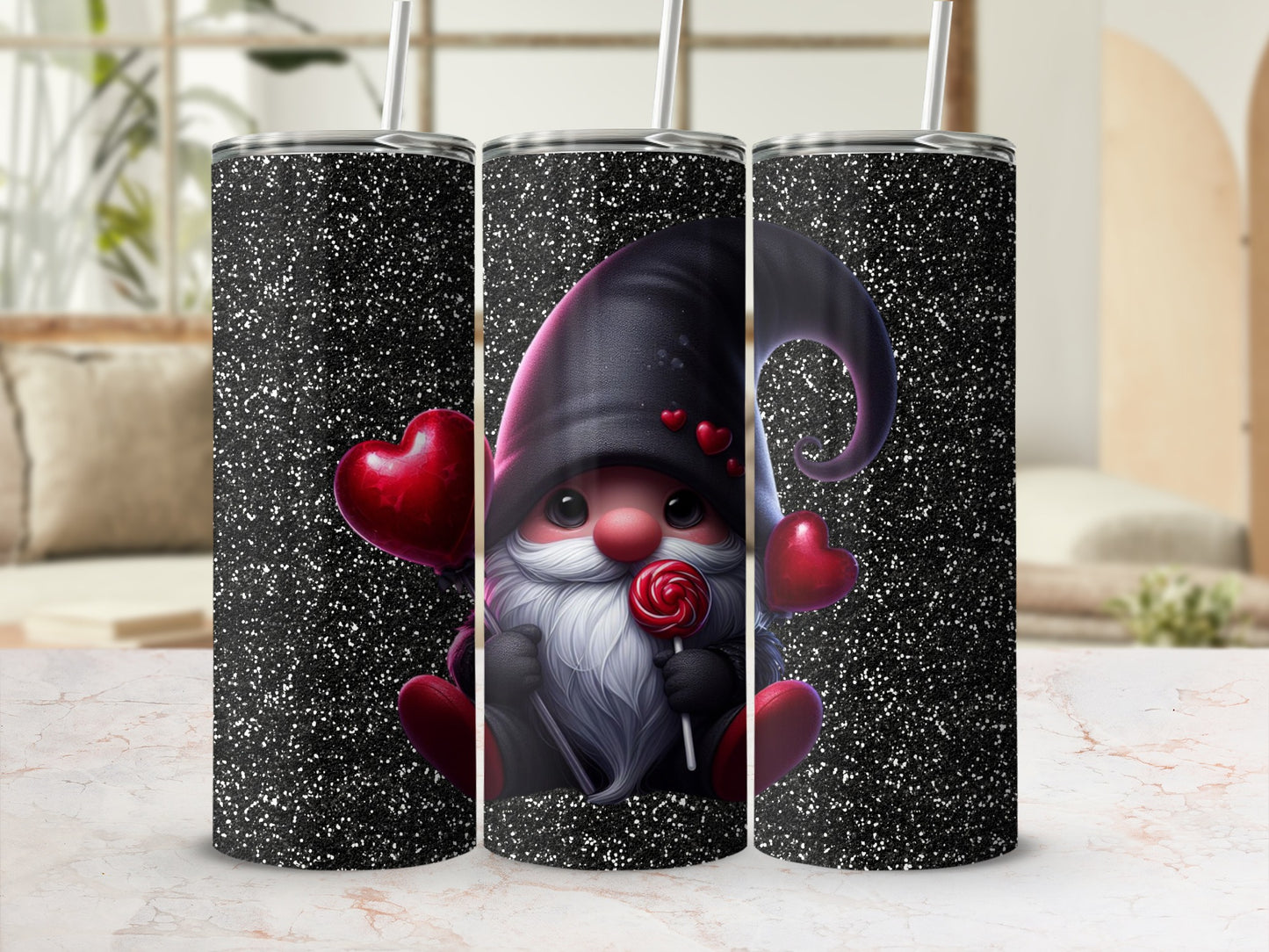Adorable Gnome With Hearts On Sparkling Black Tumbler