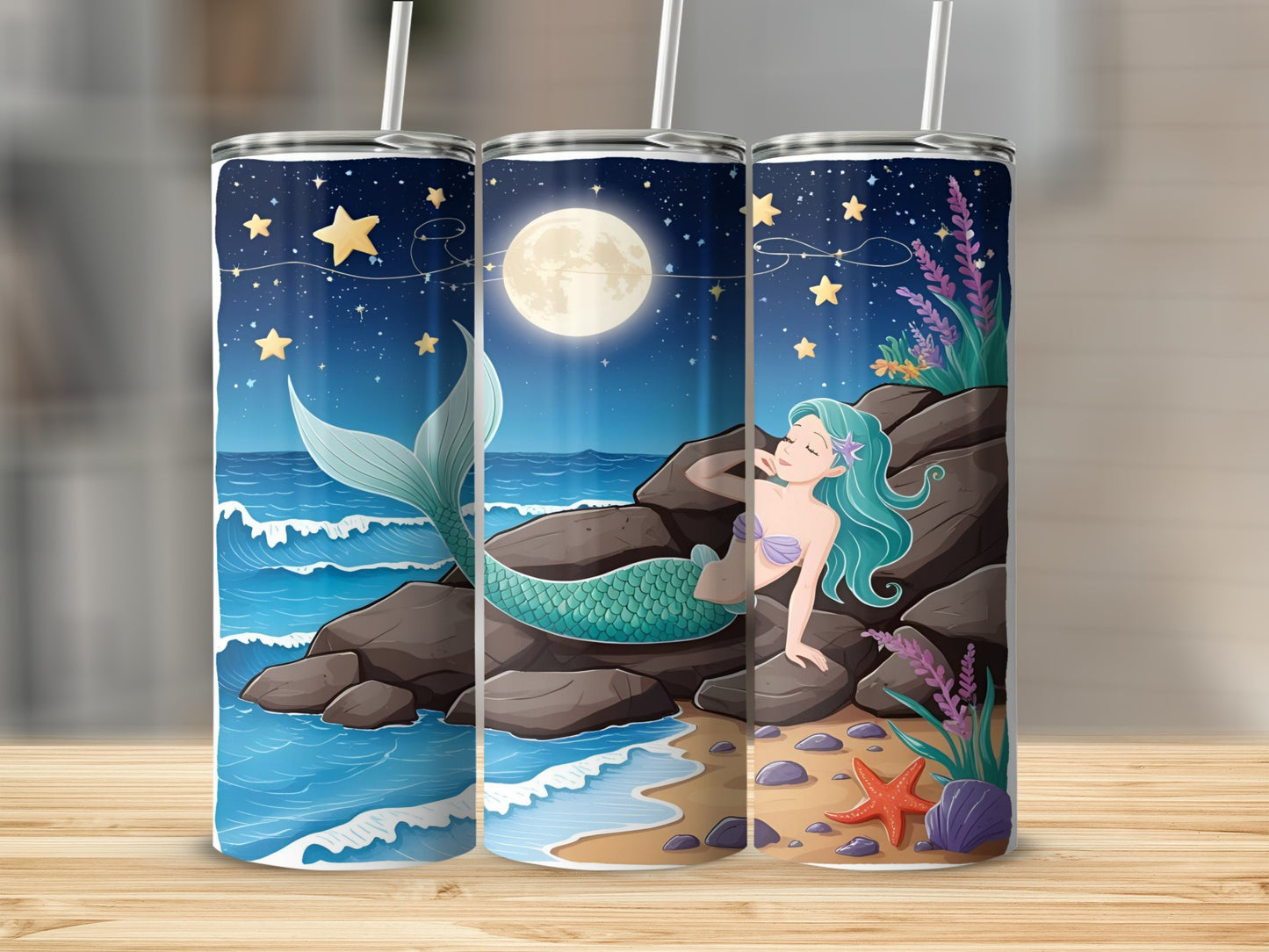 Mermaid on rocks under moonlight with starry sky and ocean waves.