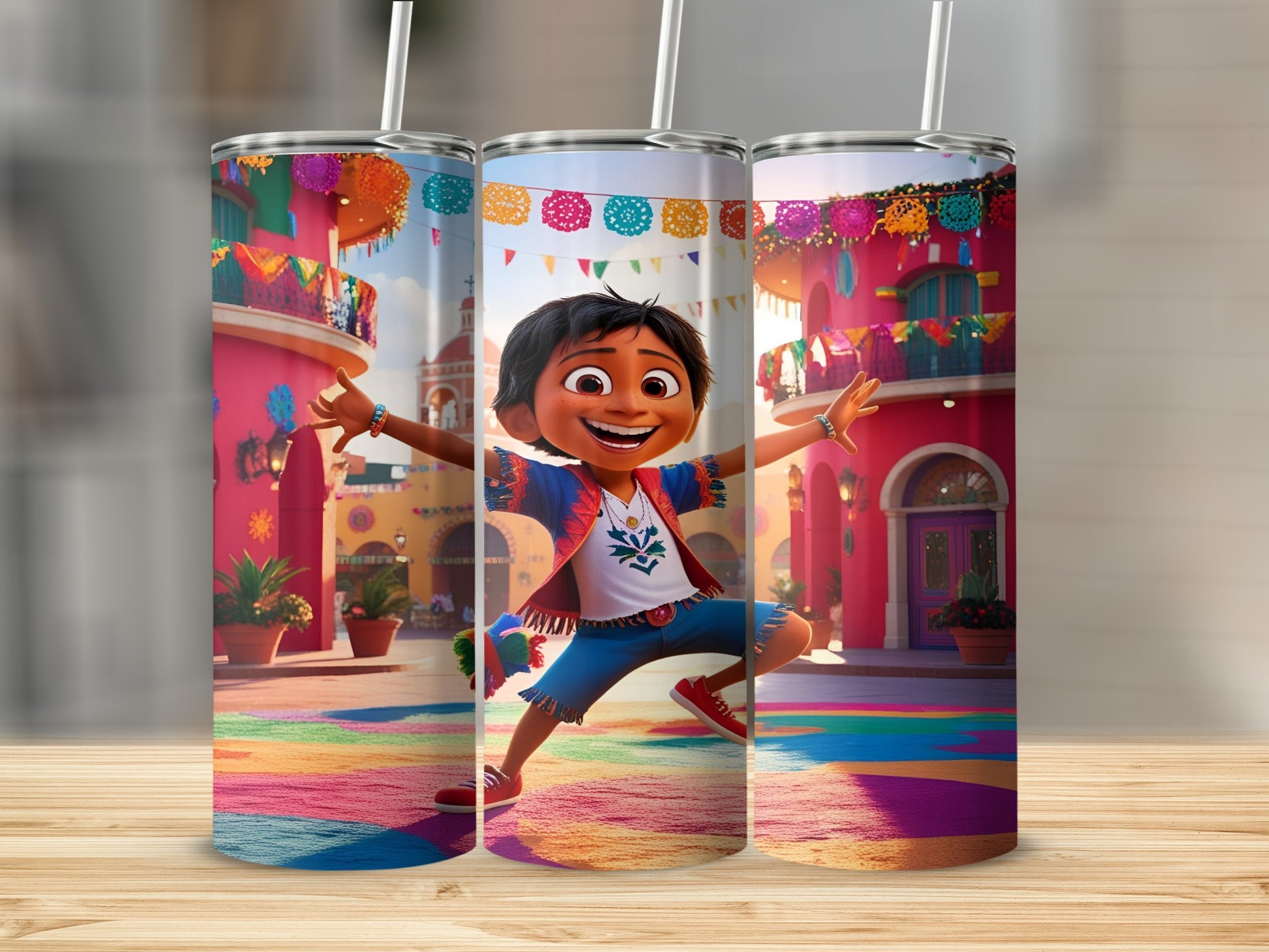 Miguel Rivera from Coco dancing in a colorful, vibrant town square.