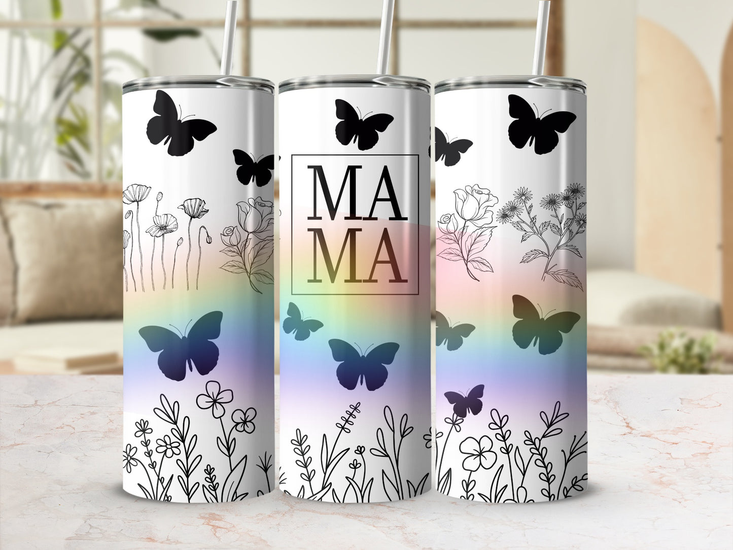 Rainbow Floral Butterfly MAMA Design Tumbler