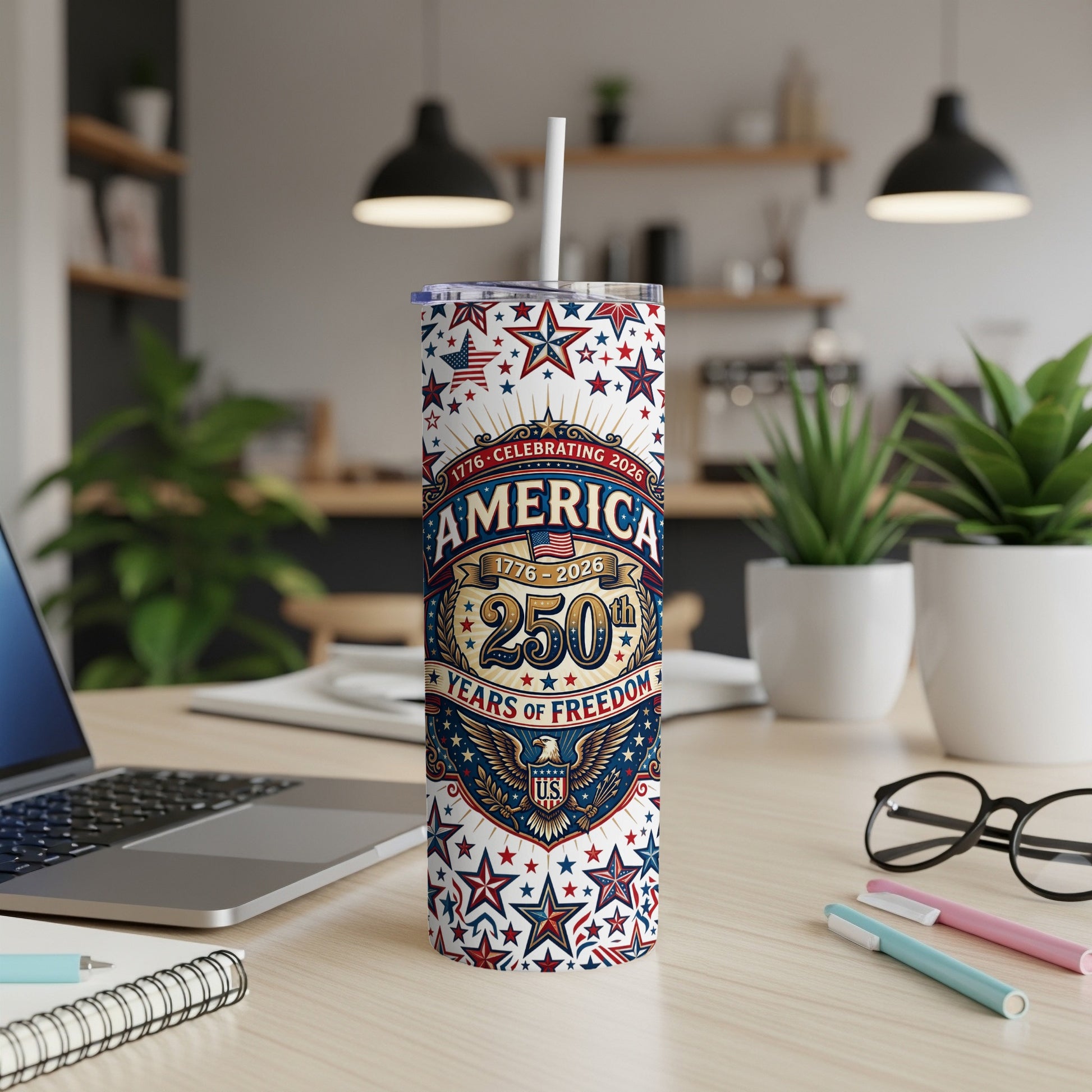 Stars and stripes tumbler celebrating America's 250th anniversary, 1776-2026.