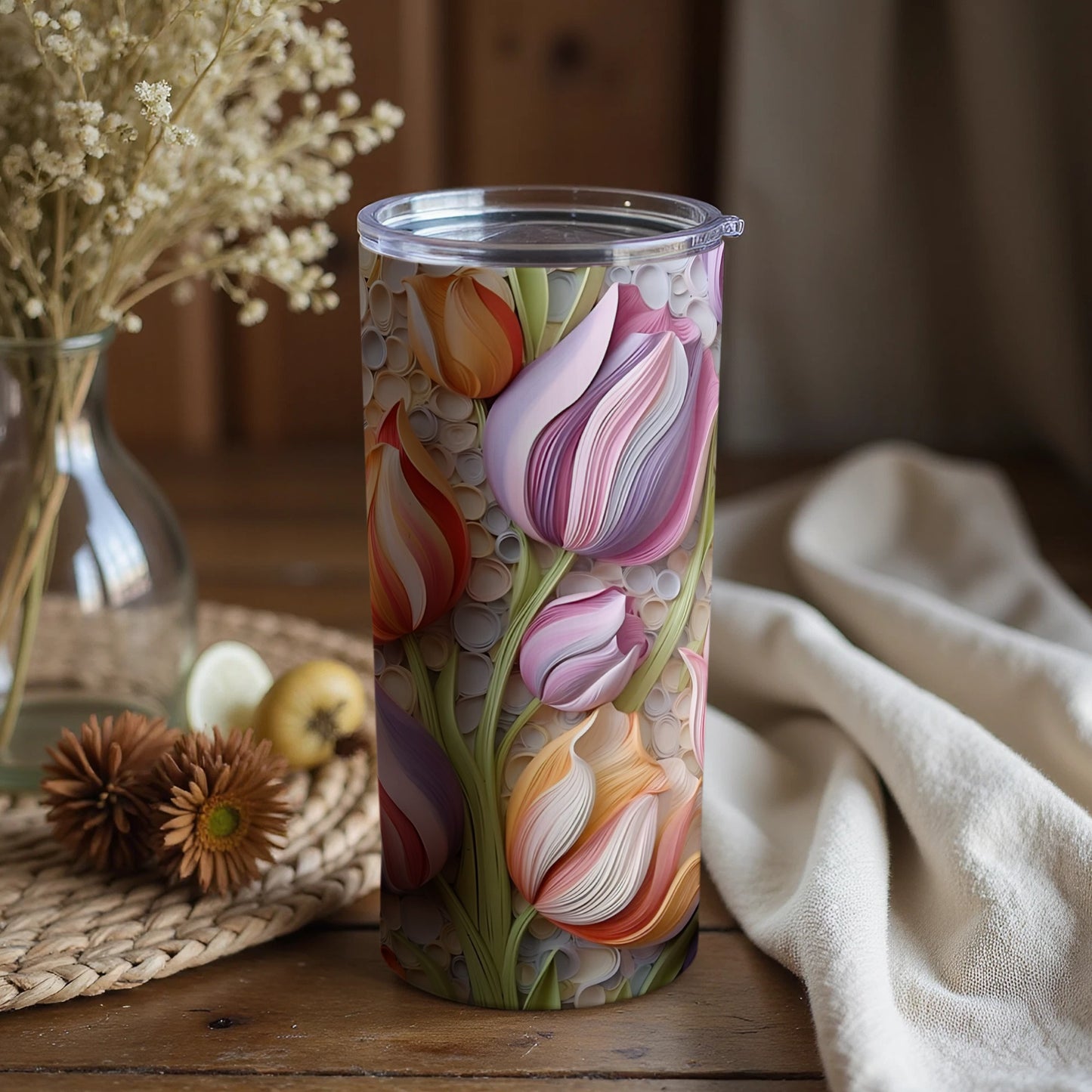 Colorful Floral Design Travel Tumbler with Lid