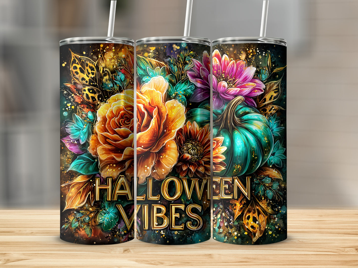 Halloween Vibes Tumbler with Colorful Floral Design