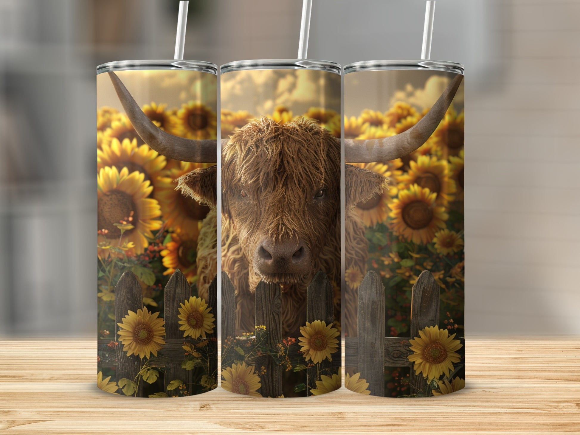 Highland cow with sunflowers and a wooden fence.