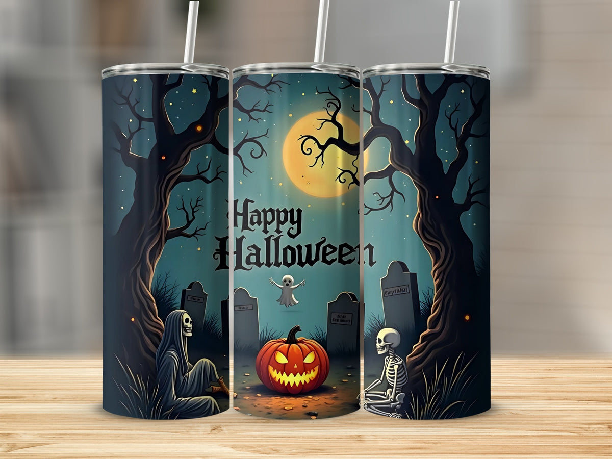 Halloween tumbler with spooky graveyard scene, jack-o'-lantern, and skeletons.