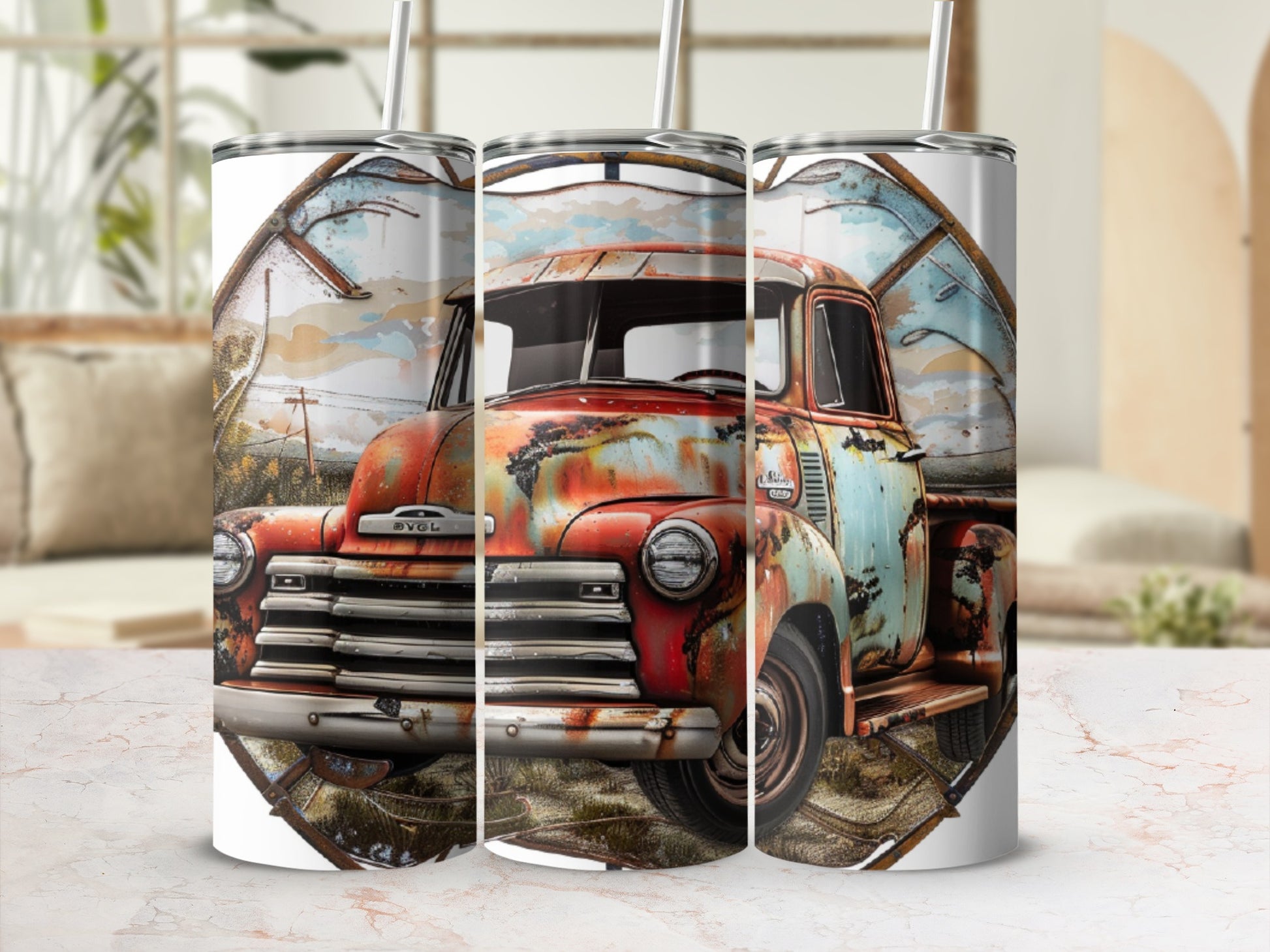 Rusty vintage Chevrolet truck graphic on three skinny tumblers.