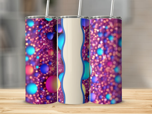 Three tumblers with a bokeh background of purple and blue circles.
