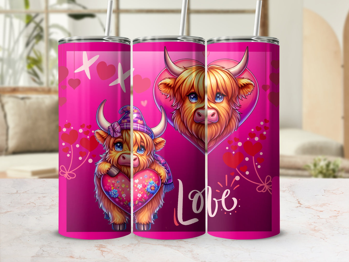 Cute Cartoon Highland Cow with Hearts Love Tumbler