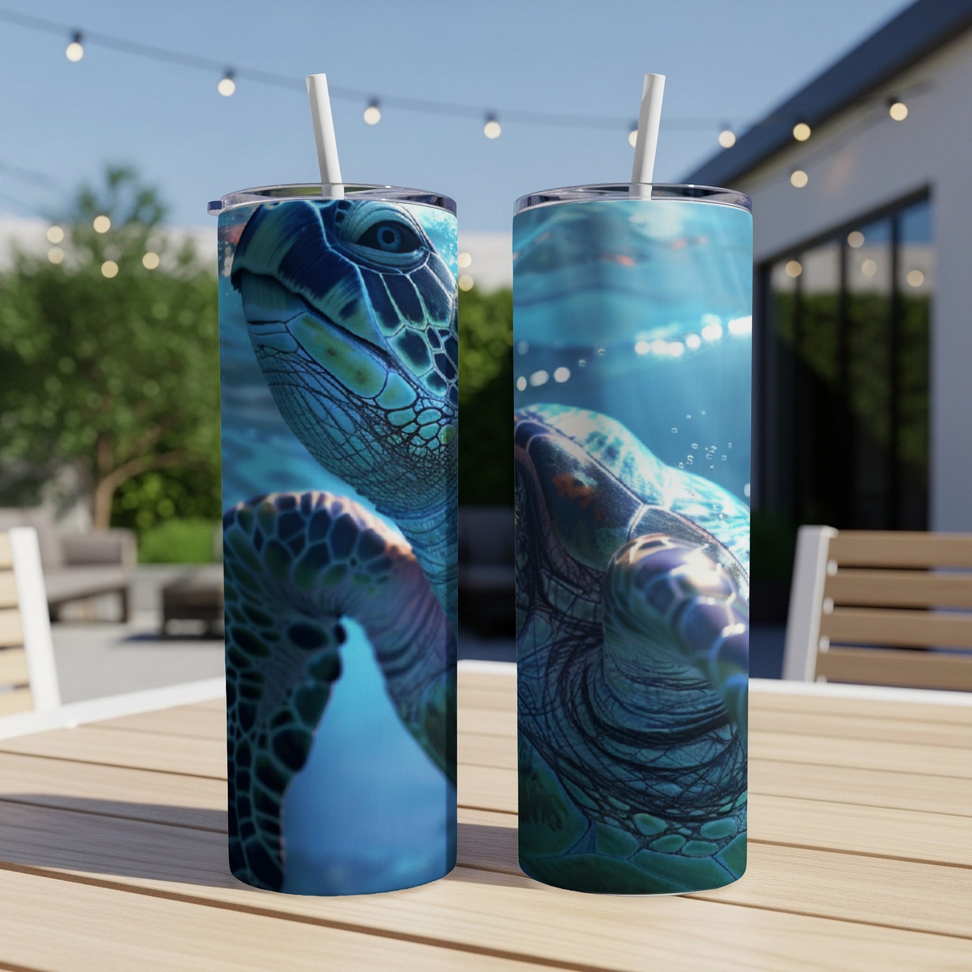 Two tall tumblers featuring a close-up of a sea turtle underwater.