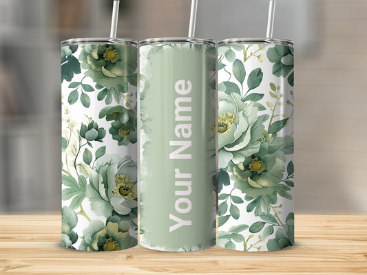 Custom Green Floral Design Tumbler With Your Name
