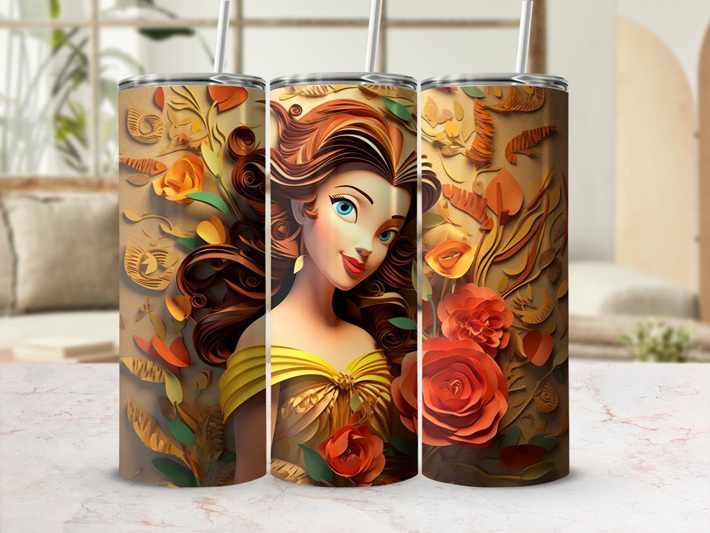 Vibrant Floral and Fairy Tale Design Tumbler with Straw