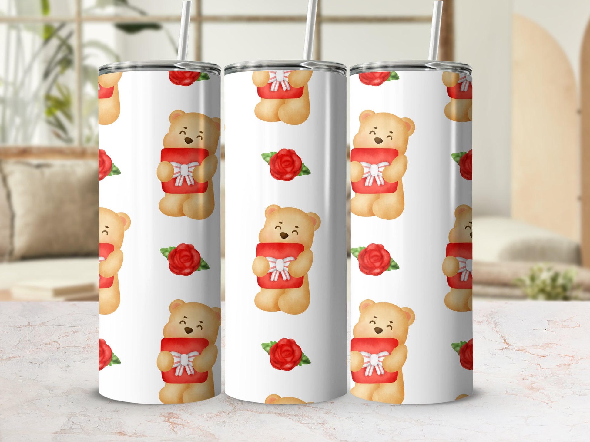 Adorable Bear And Roses Design Insulated Tumbler