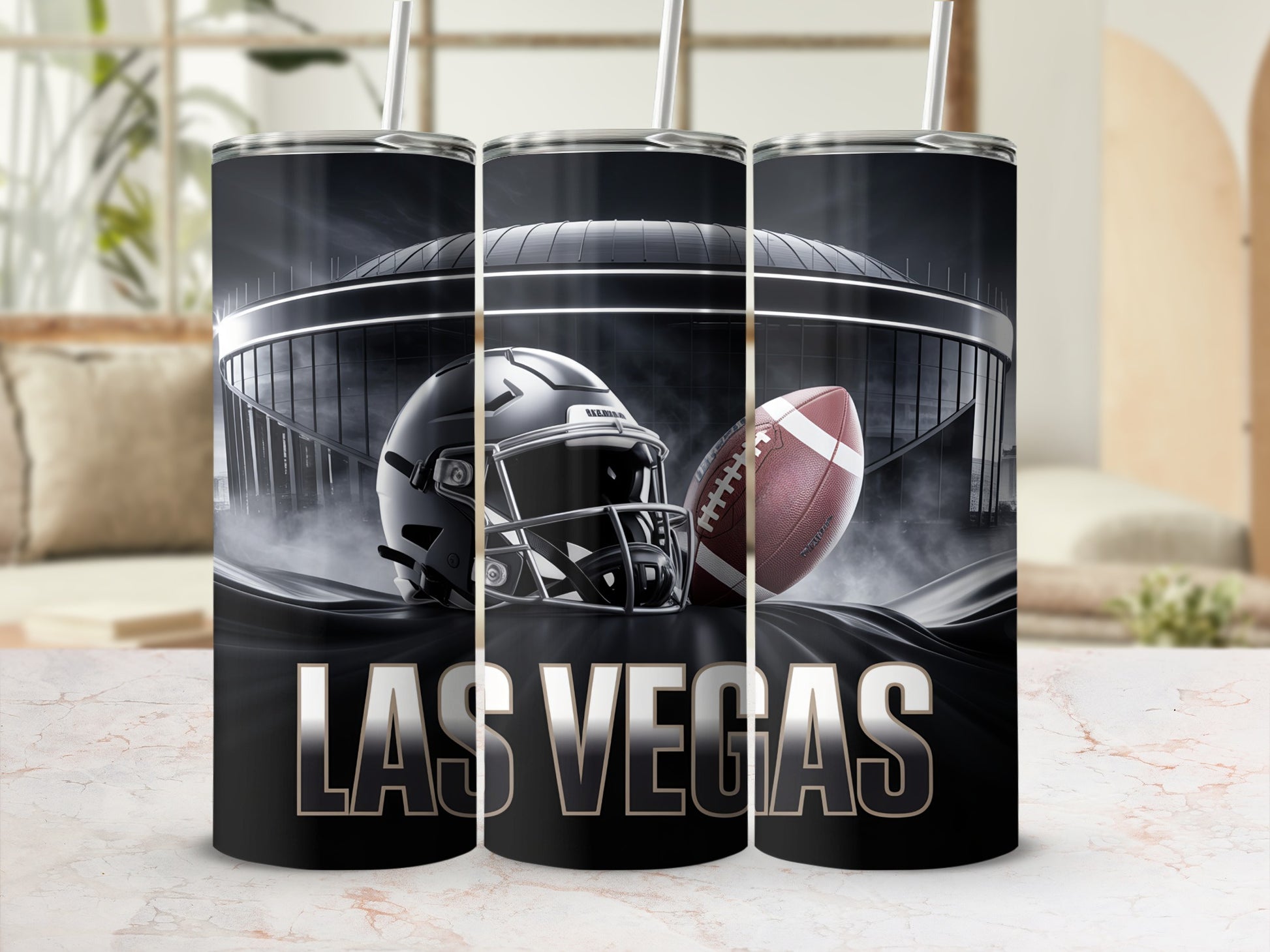 Tumbler with Las Vegas Raiders helmet, football, and stadium.