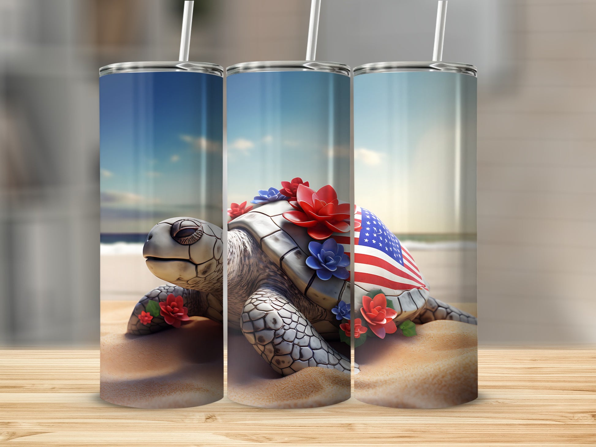 Sea turtle with American flag and flowers on a beach tumbler.