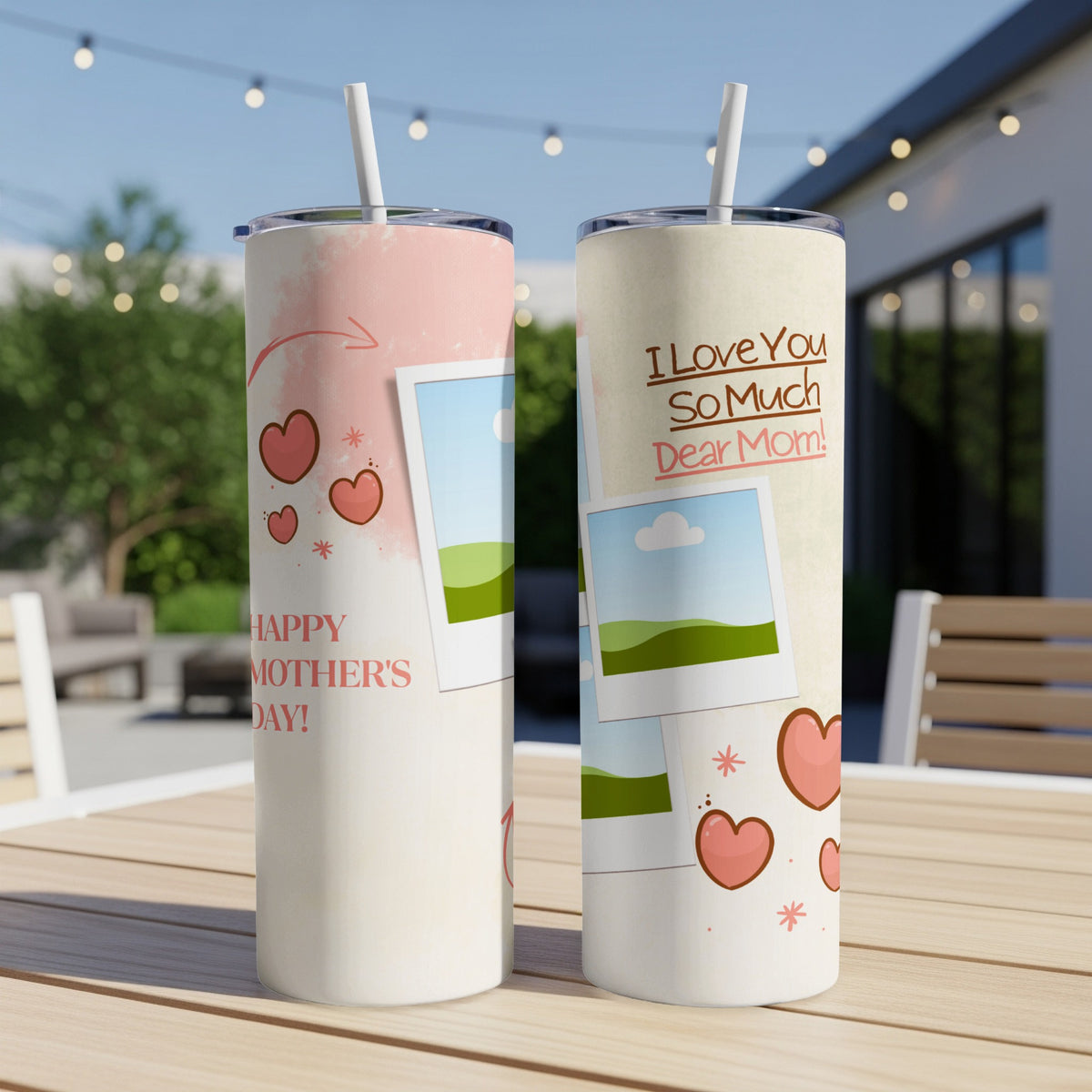 Two tumblers with hearts and photos, one reads "Happy Mother's Day".