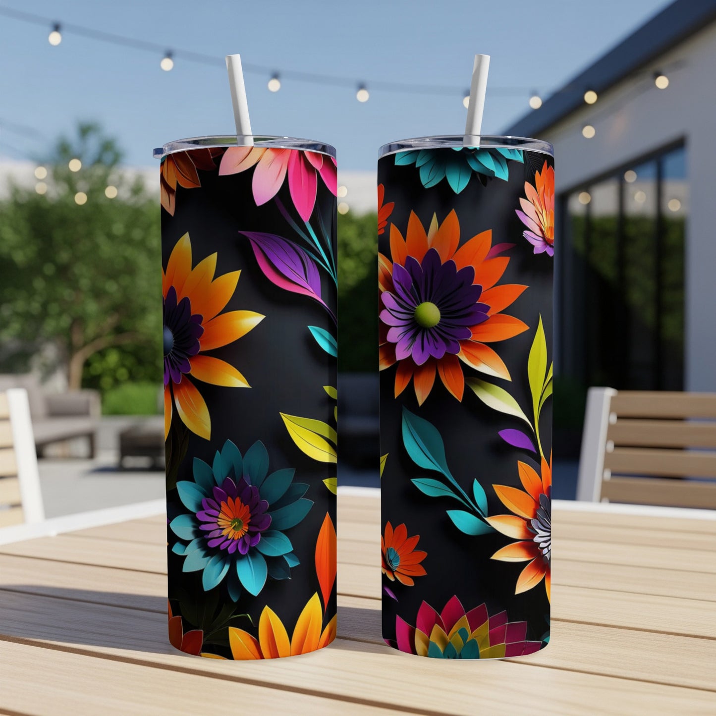 Two tumblers with a vibrant floral pattern on a table outdoors.