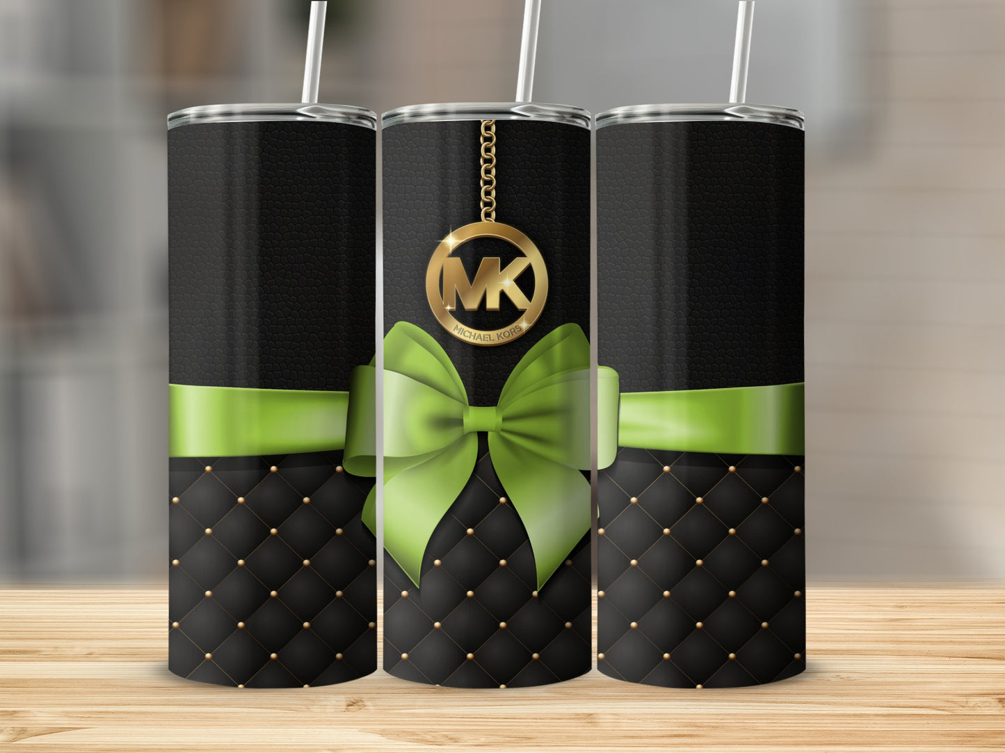 Sleek Black Tumbler with Green Bow and Gold Accent