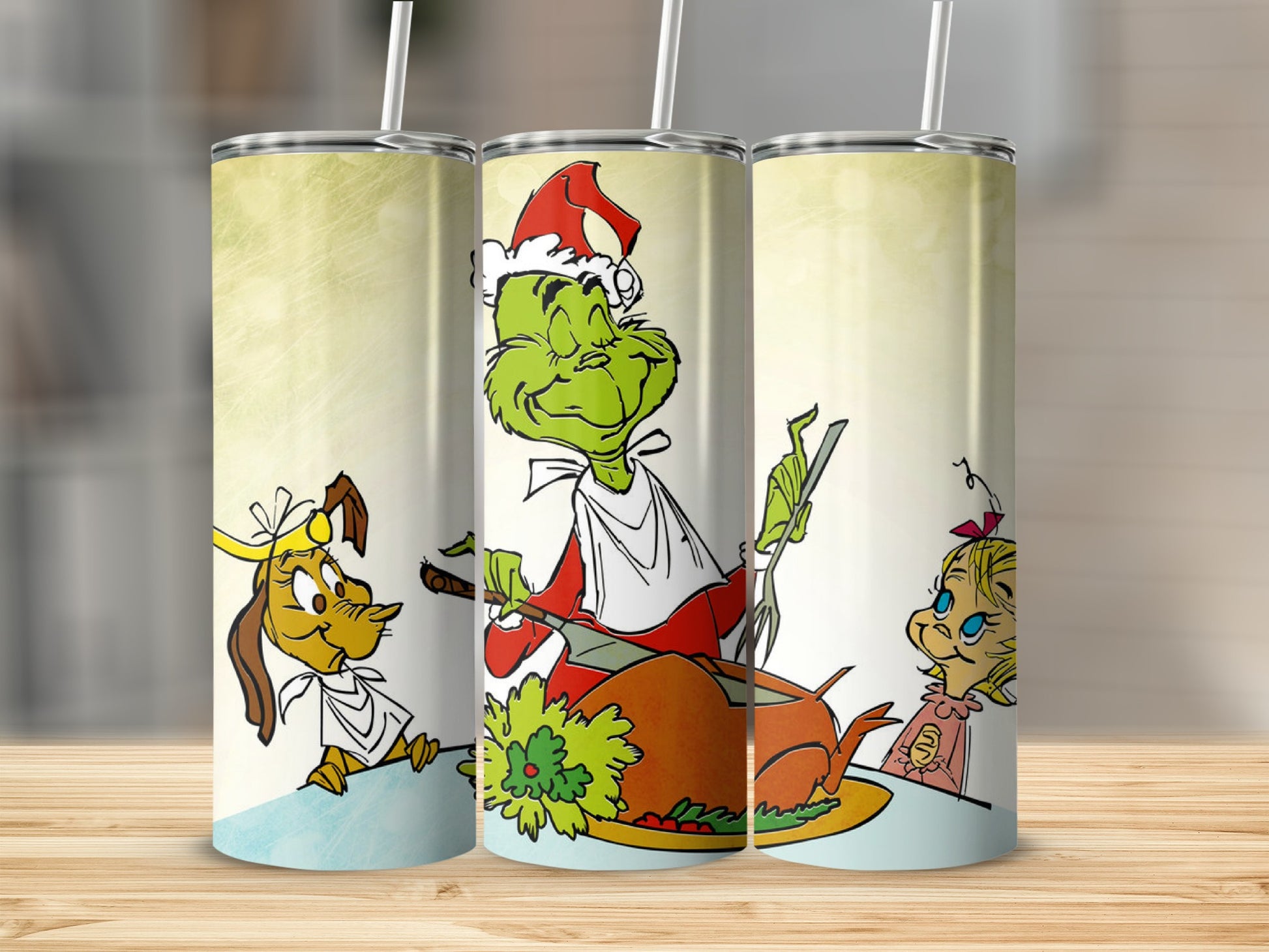 The Grinch, Max, and Cindy Lou Who carve a turkey.