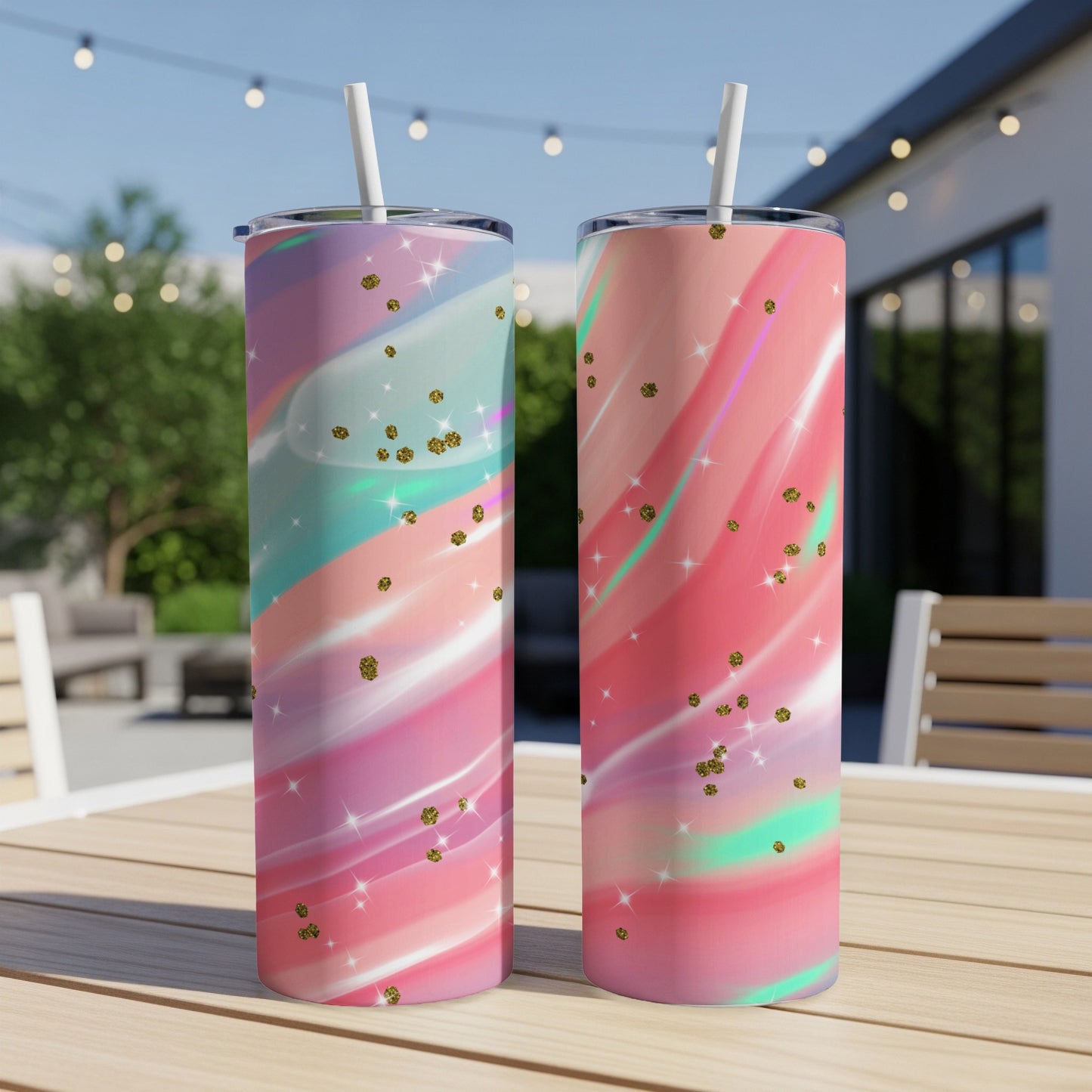 Two tumblers with swirled pink, purple, and teal designs and scattered gold glitter.