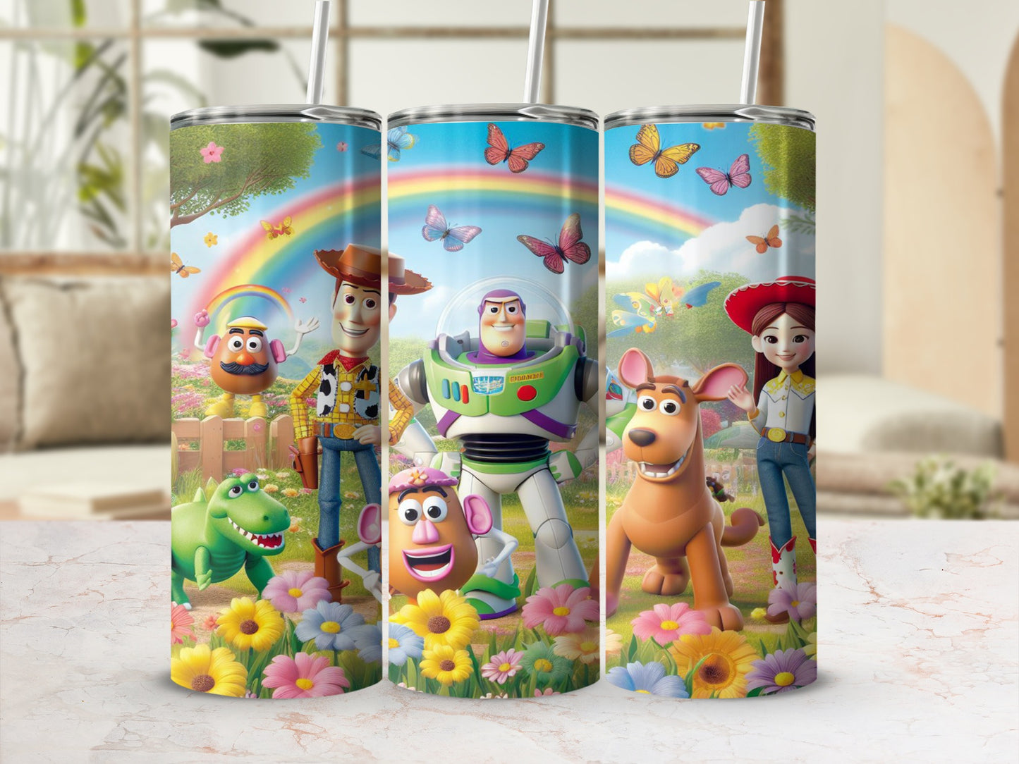 Toy Story characters on a colorful tumbler with butterflies and flowers.