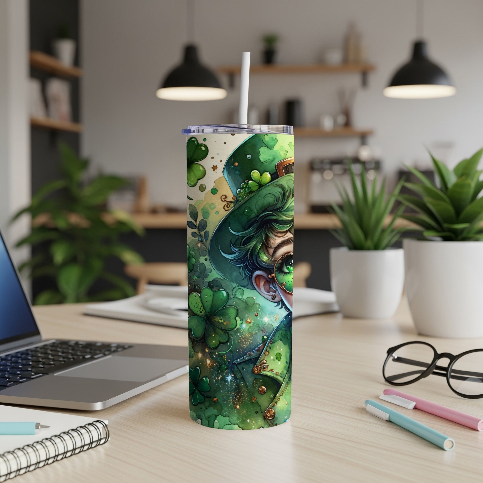 Green tumbler with a stylized leprechaun design and shamrocks.