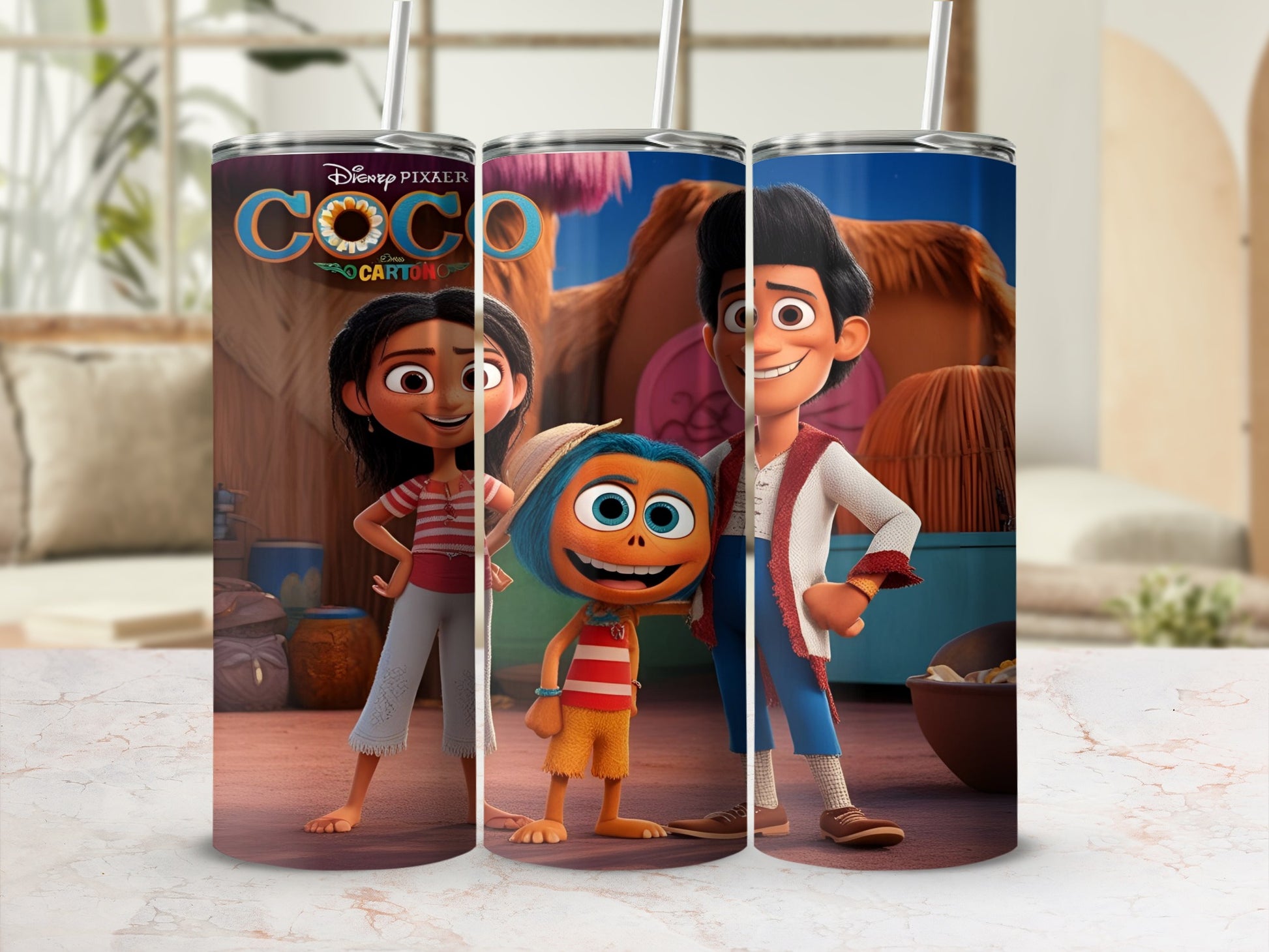 Characters from Disney Pixar's Coco movie on a tumbler.