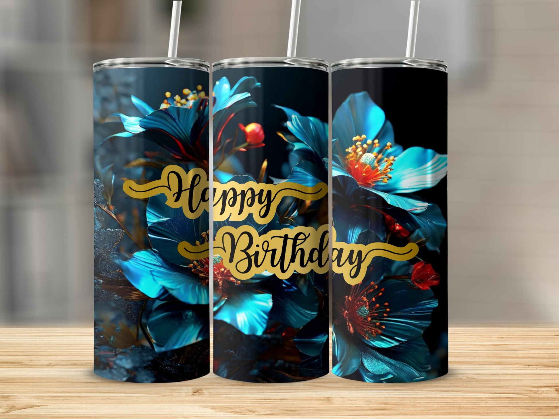 Happy Birthday tumbler with blue floral design.