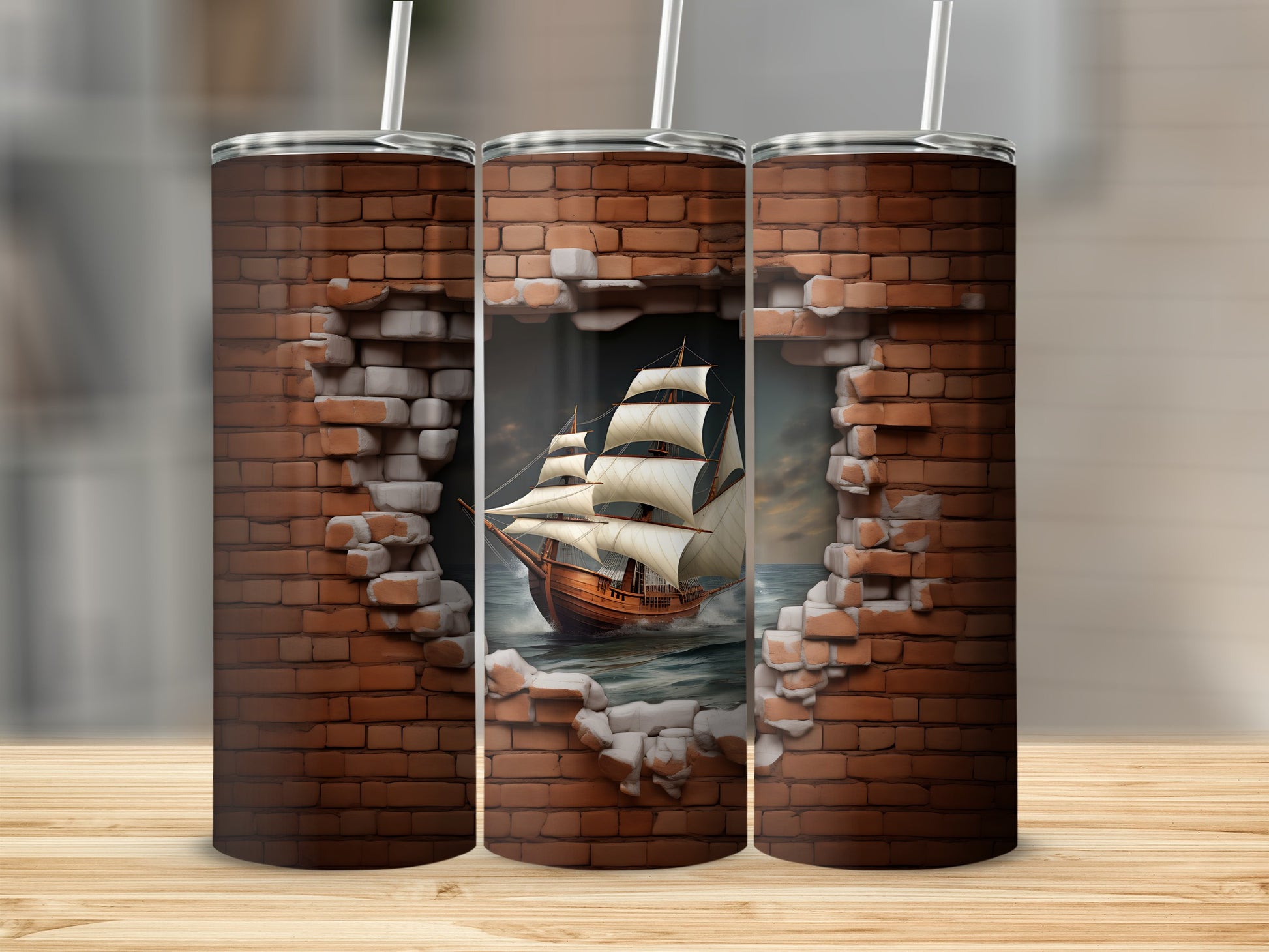 Vintage Ship Design with Brick Wall Background Tumbler