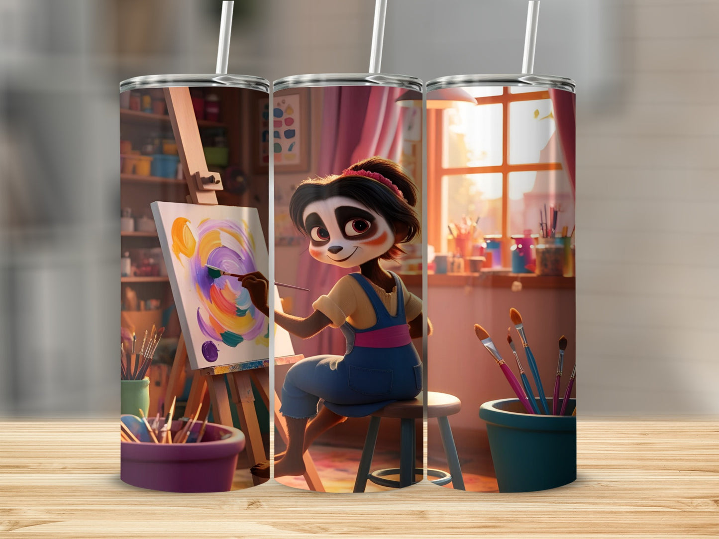 Panda artist painting on easel in a bright art studio.