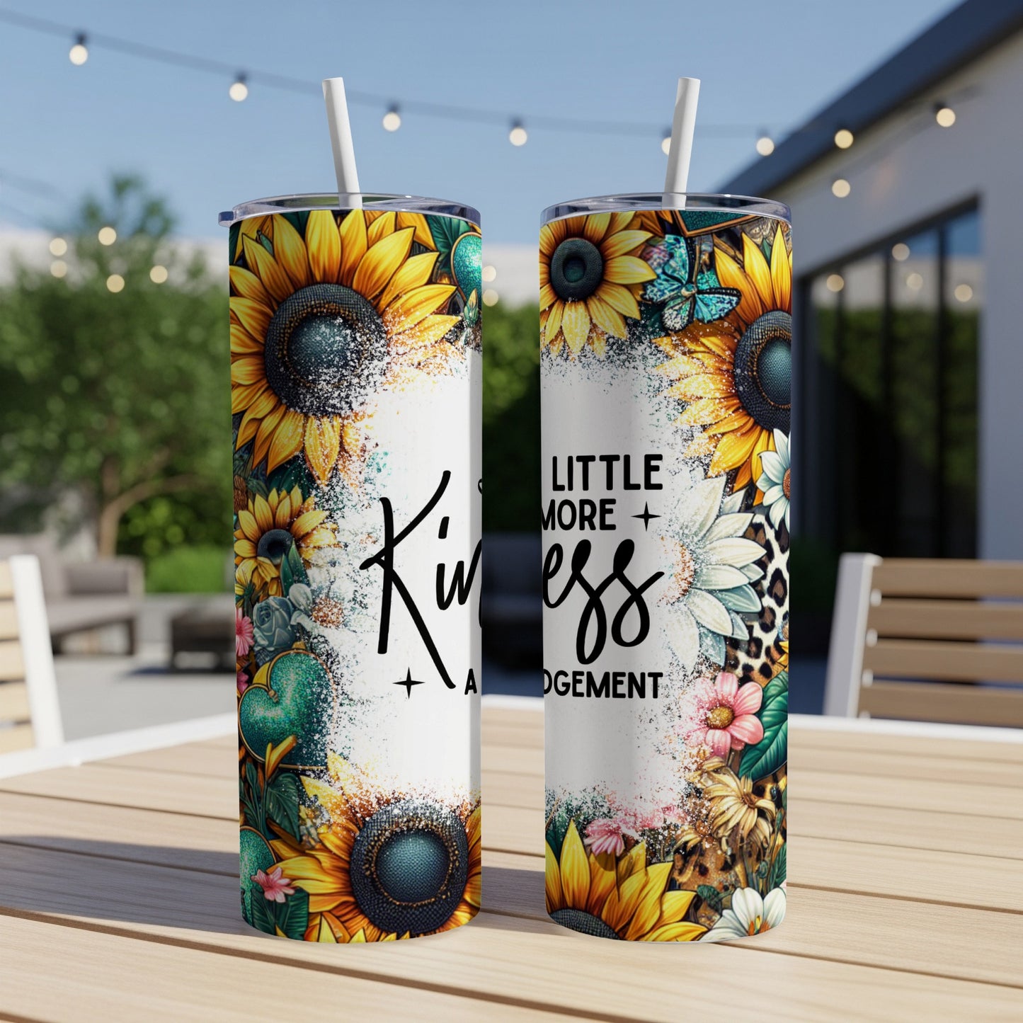 Two tumblers with sunflowers and "Little More Kindness" text.