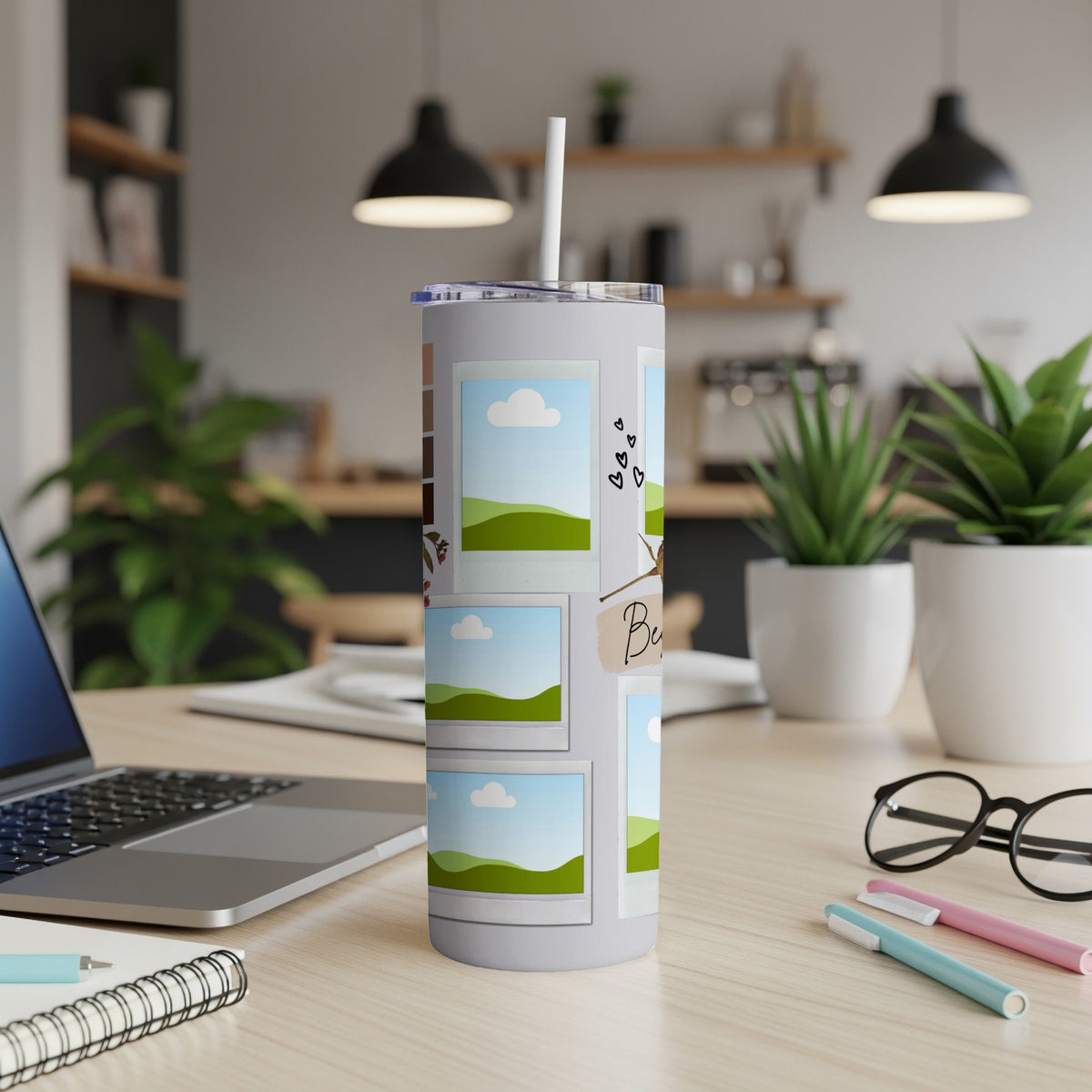 Tumbler with collage of polaroid photos, hearts, and "Bun" text.