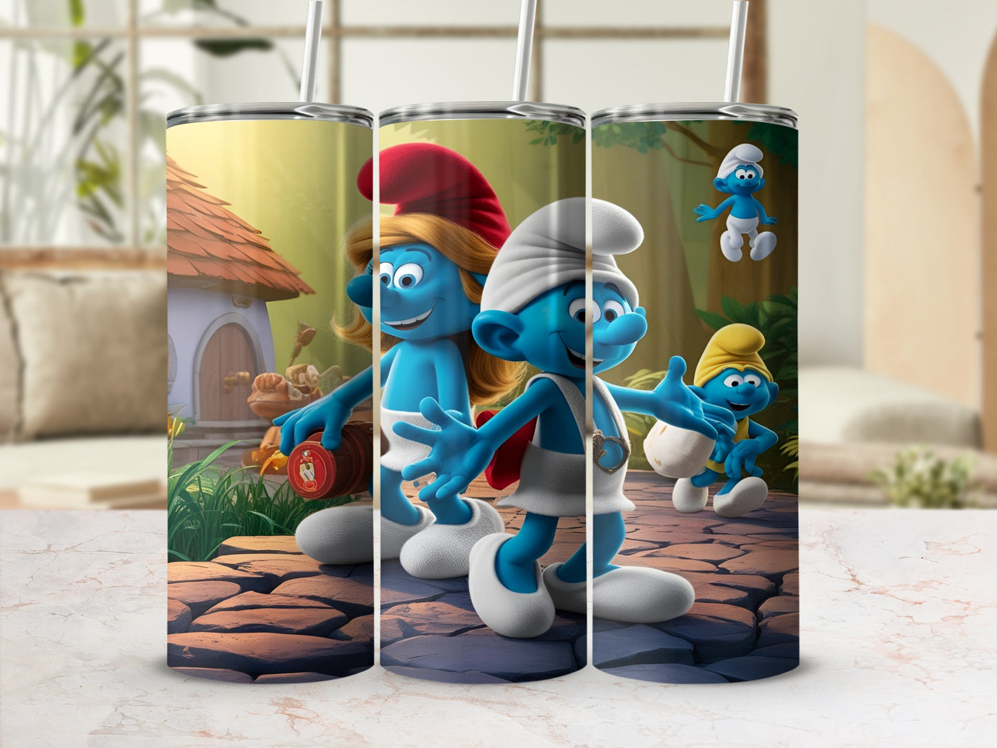 Smurfs walking on a cobblestone path in a forest setting.
