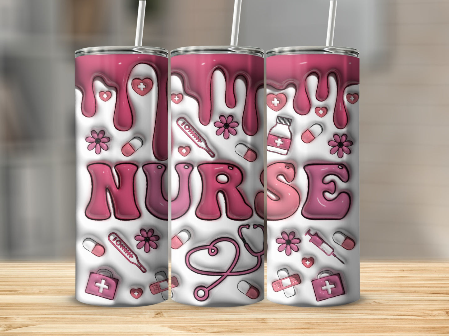Nurse tumbler with pink medical icons and dripping pink letters.