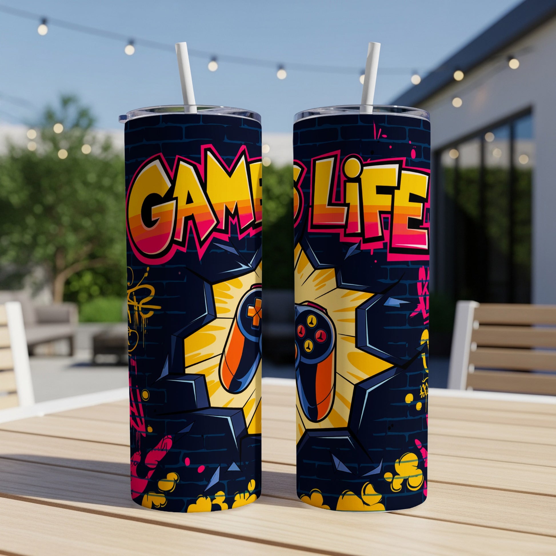 Two tumblers with "Gamer Life" text and graffiti art featuring a controller.