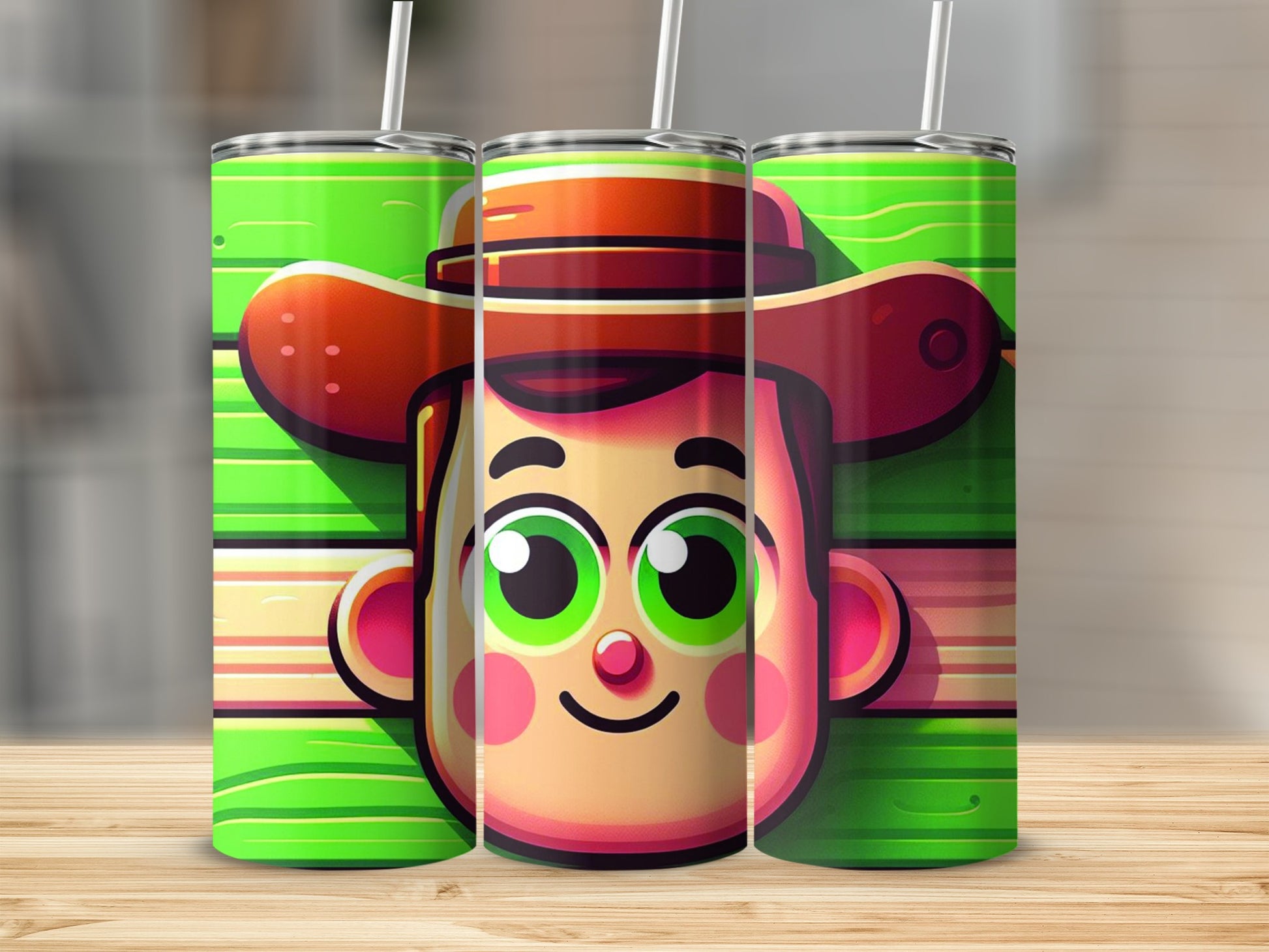 Cartoon cowboy character on a green striped tumbler.