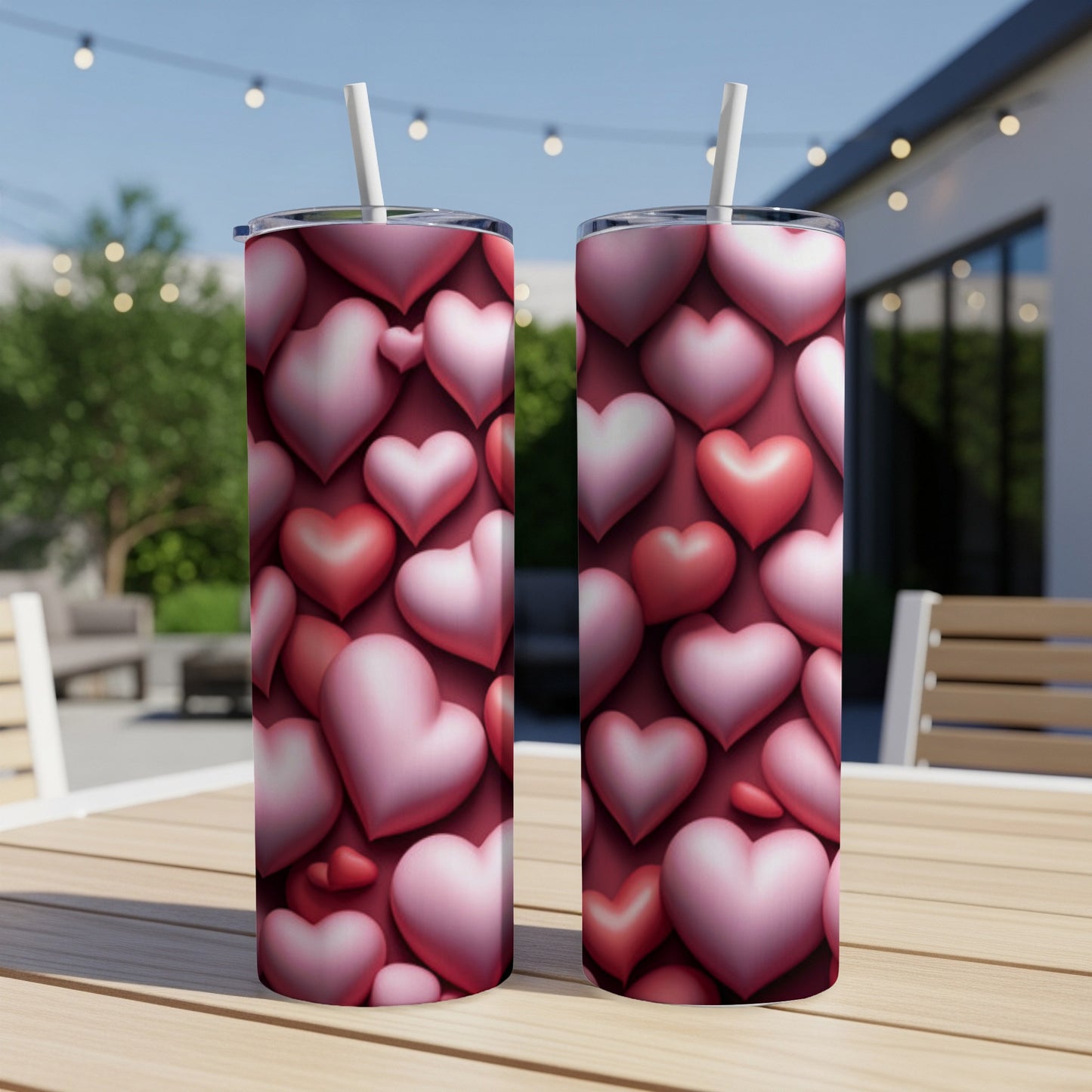 Two tumblers with a pattern of pink and red heart shapes.
