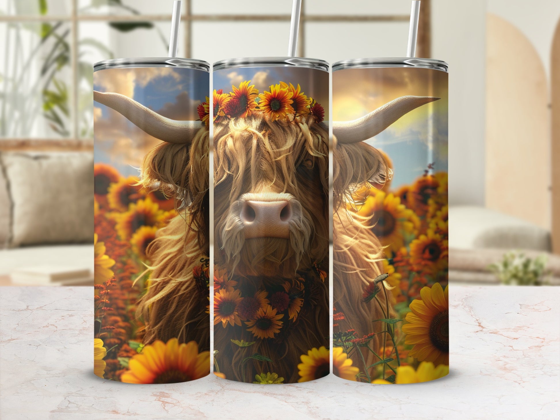 Highland cow with sunflower crown in field of sunflowers.