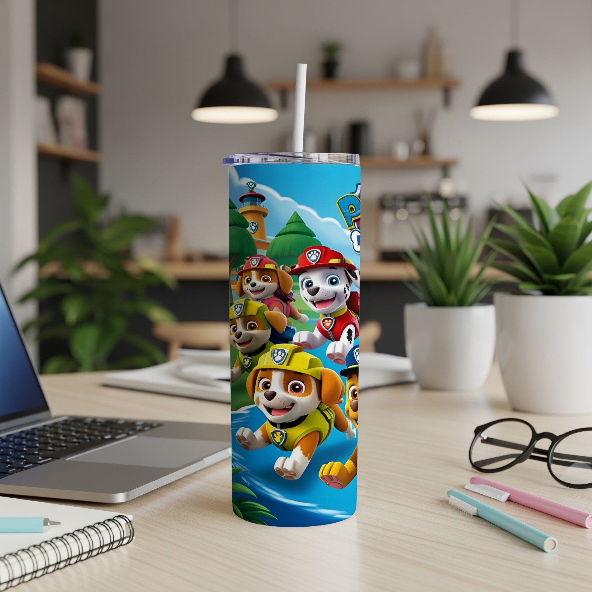 Paw Patrol characters on a blue and green tropical background.