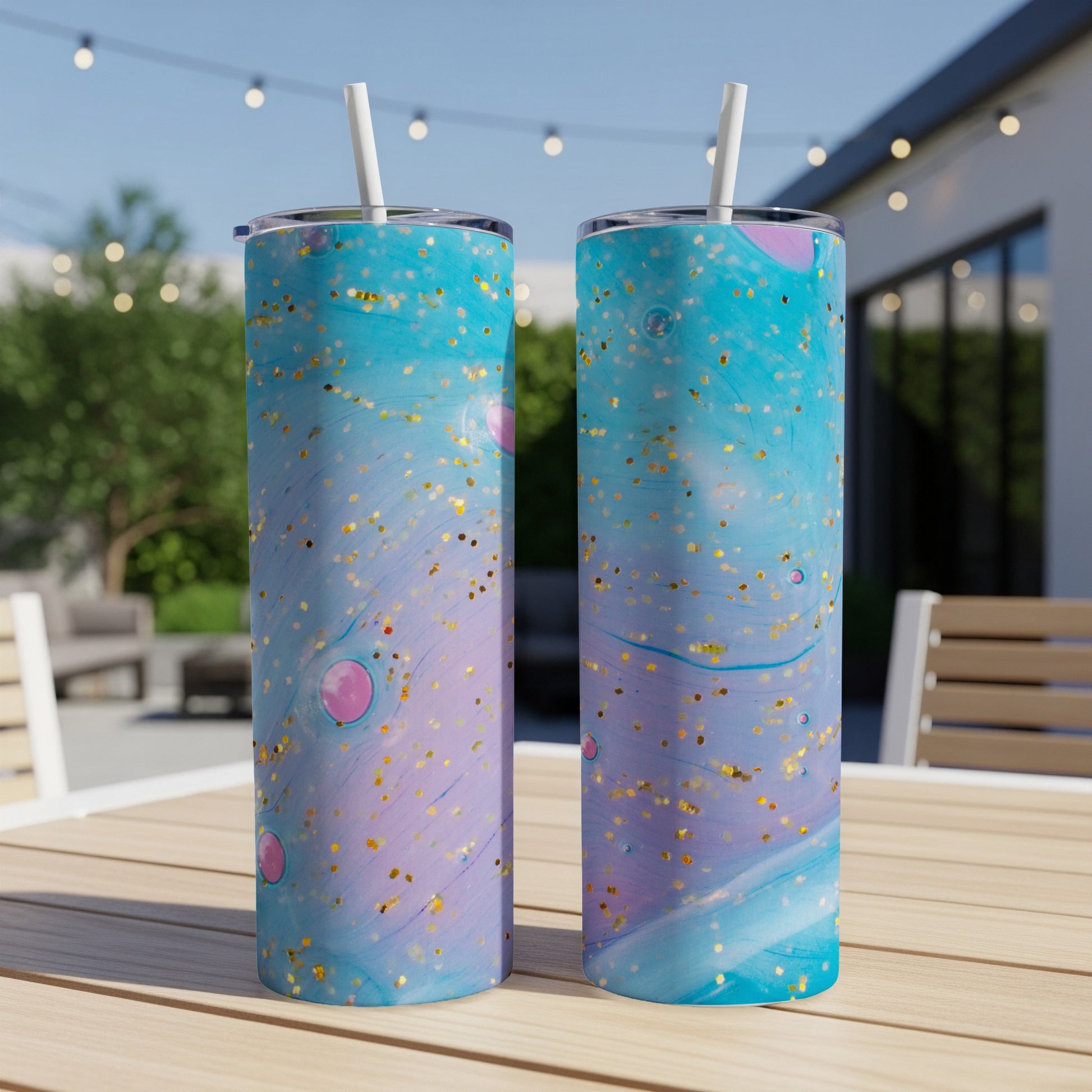 Two blue, pink, and gold glitter tumblers with straws on a wooden table.