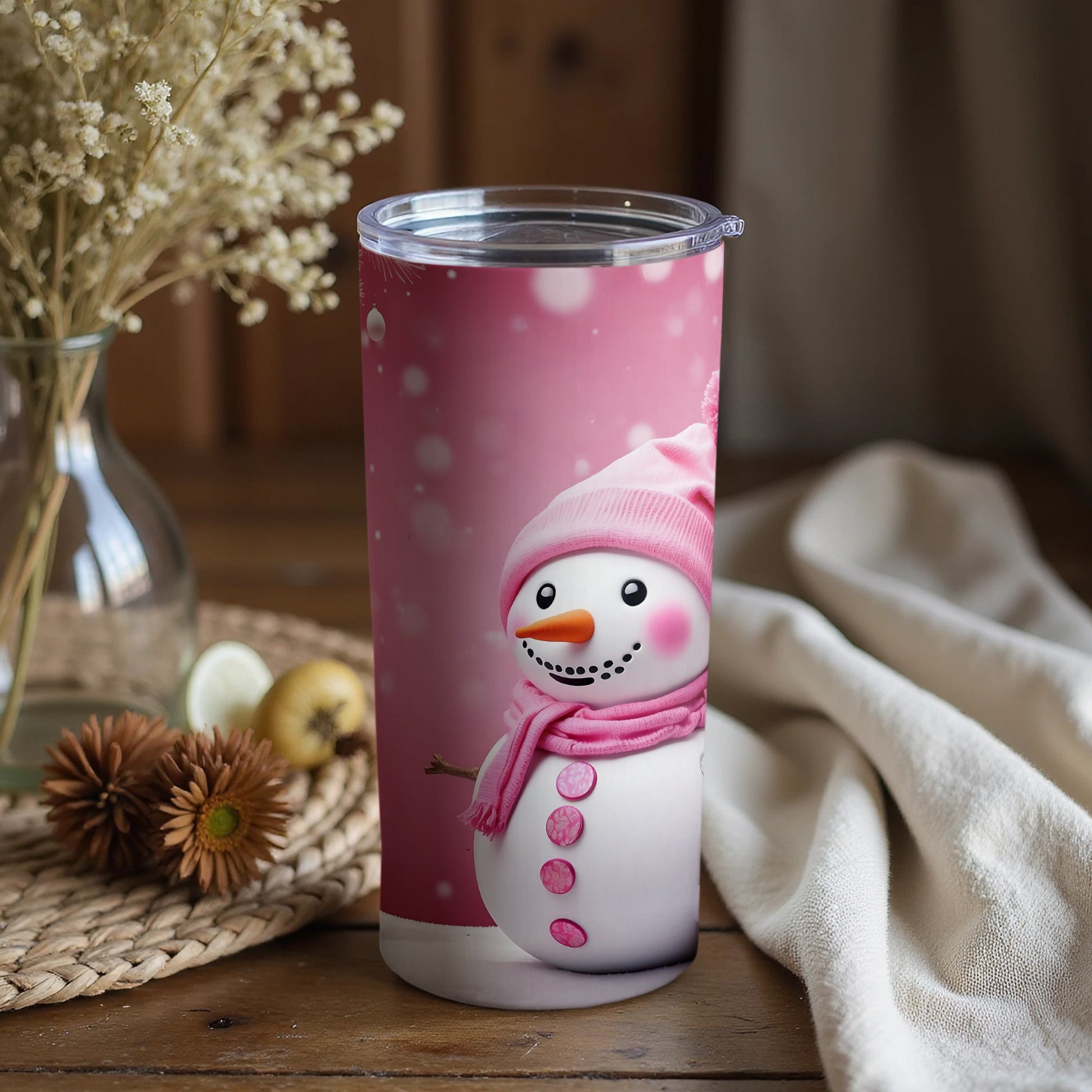 Festive Pink Snowman with Winter Scarf and Hat Decor