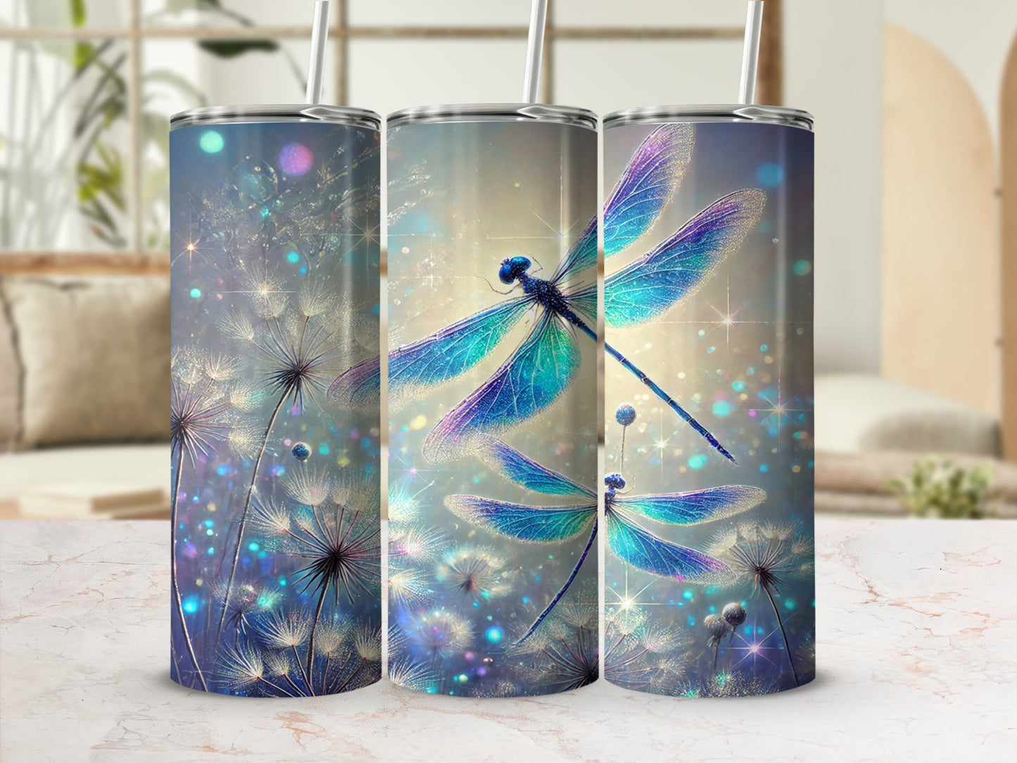 Enchanting Dragonfly and Dandelion Tumbler Cup Design
