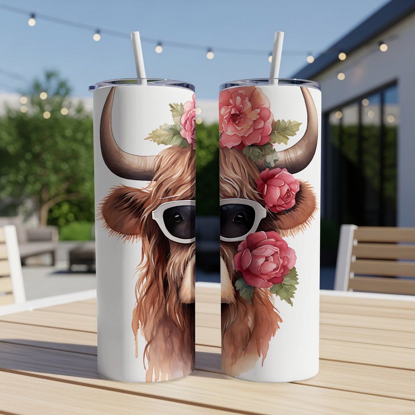 Two tumblers with a watercolor highland cow design and floral accents.