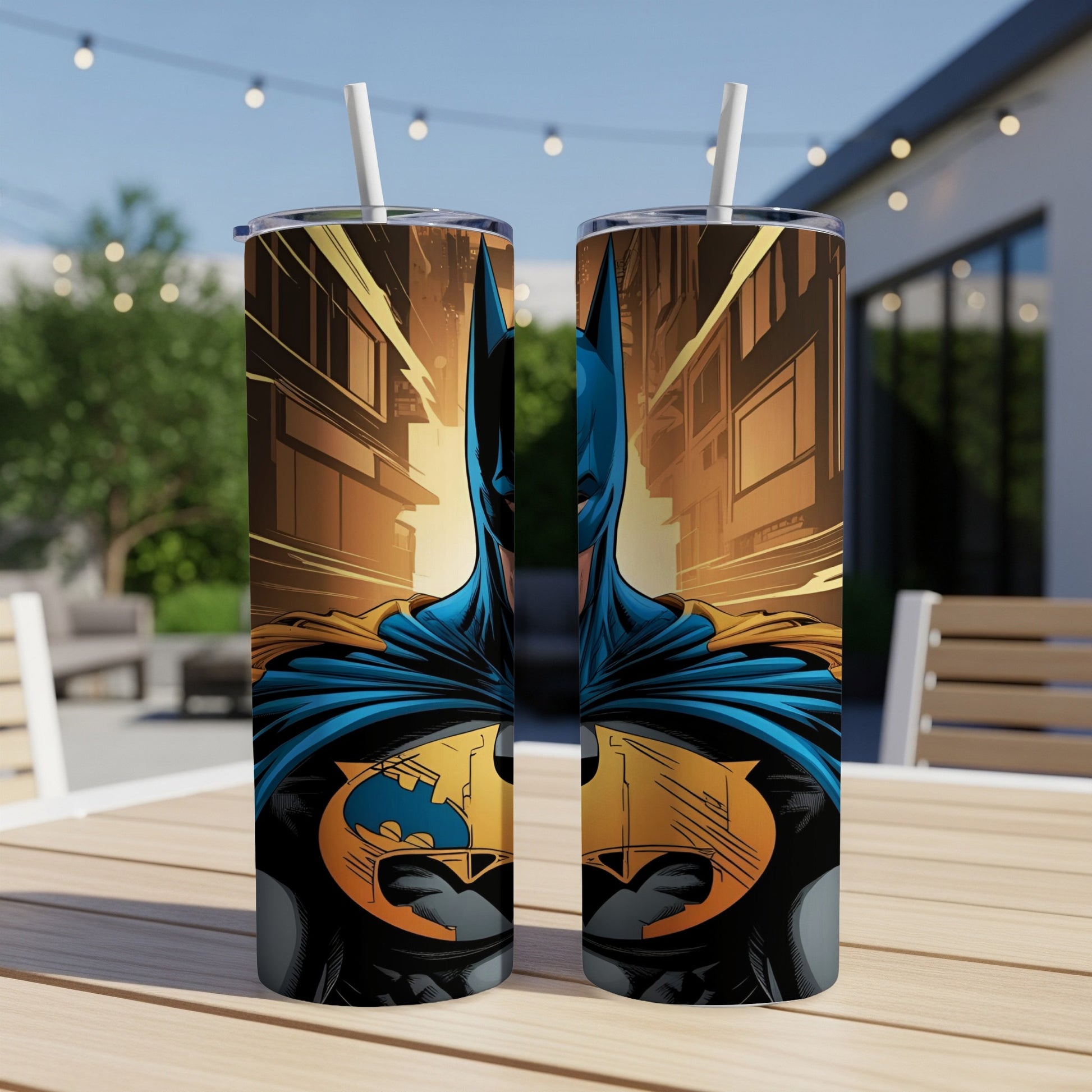 Two Batman tumblers featuring the superhero's iconic chest symbol.