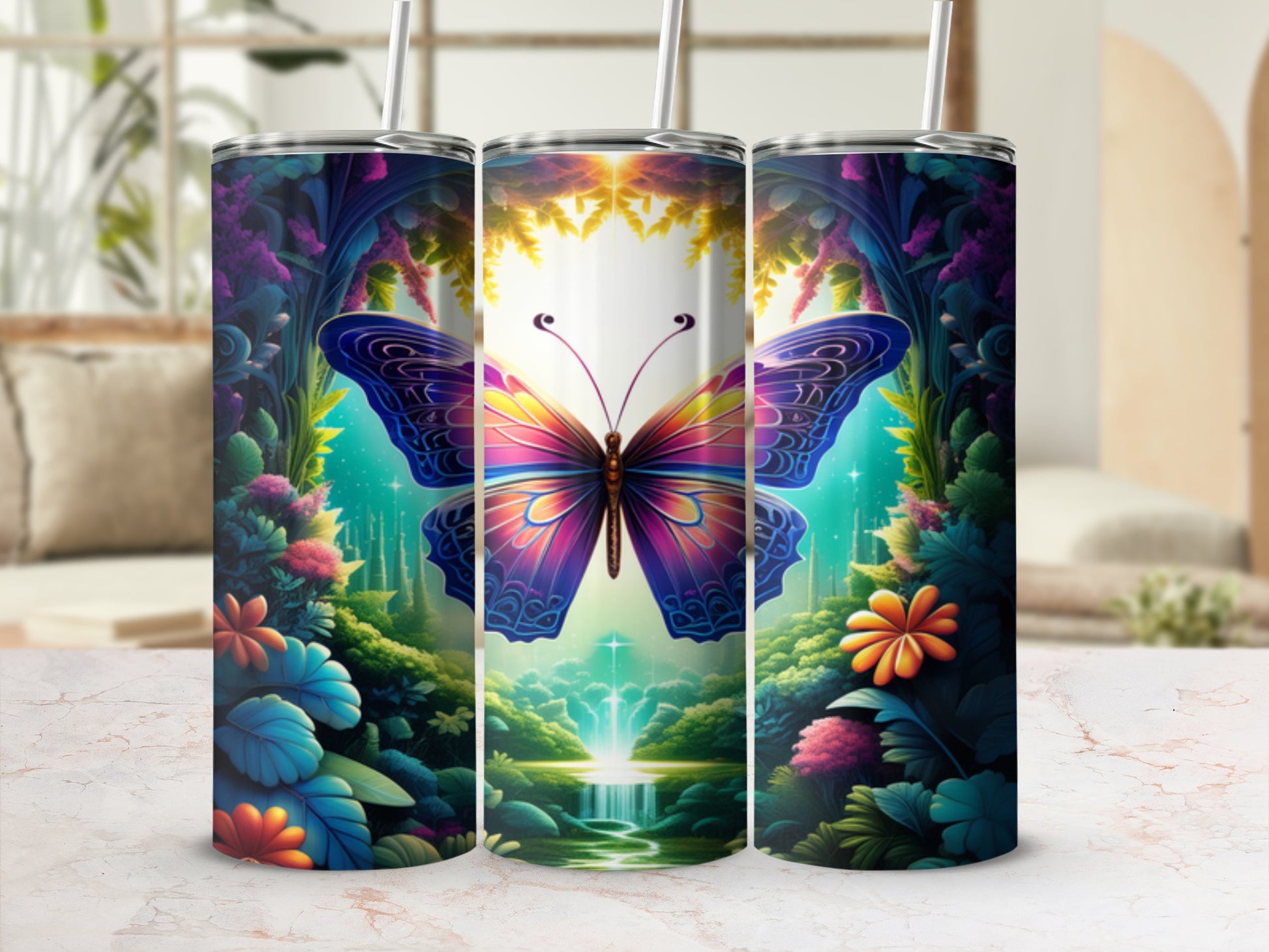 Butterfly and floral art wraps a cylindrical tumbler with a straw.